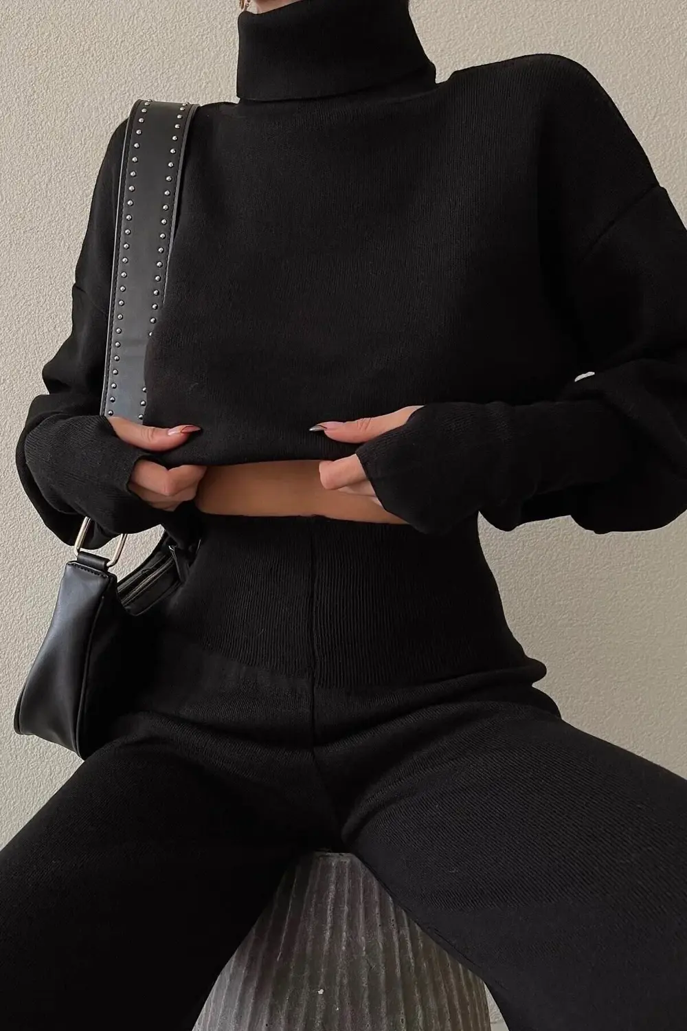 Triko Crop Pantolon Takım Siyah