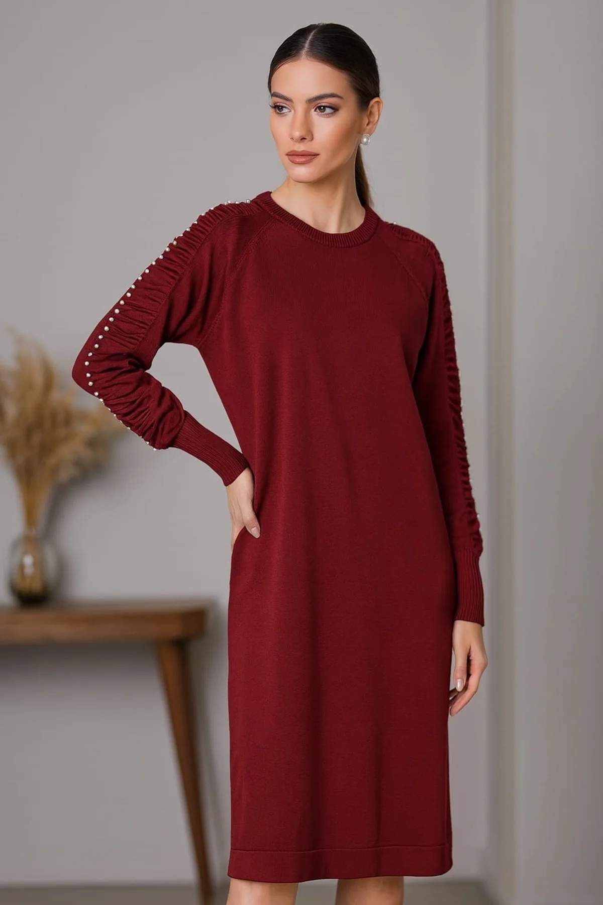 TRİKO KOLU TAŞLI ELBİSE BORDO