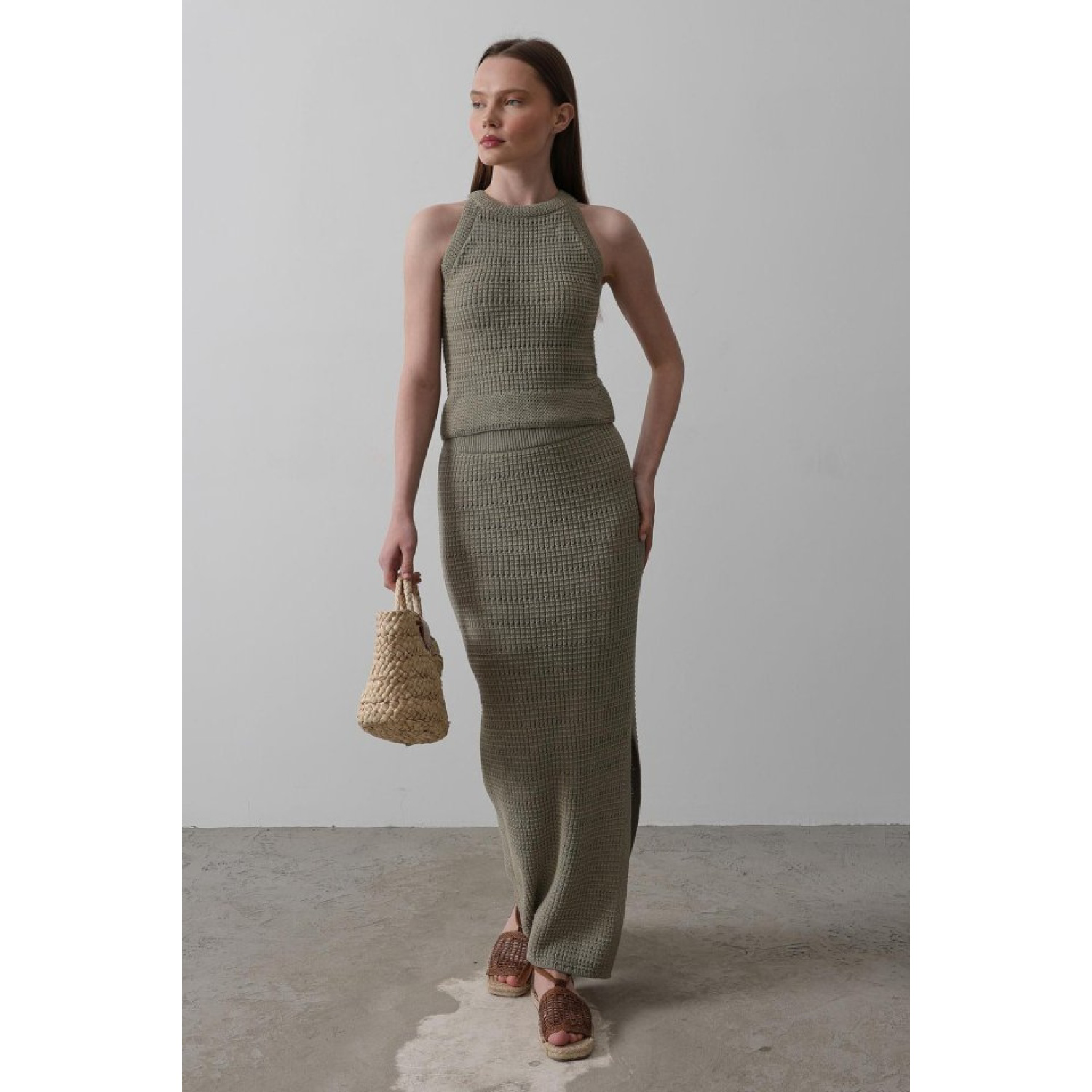 Triko Yırtmaçlı Etek - Yeşil