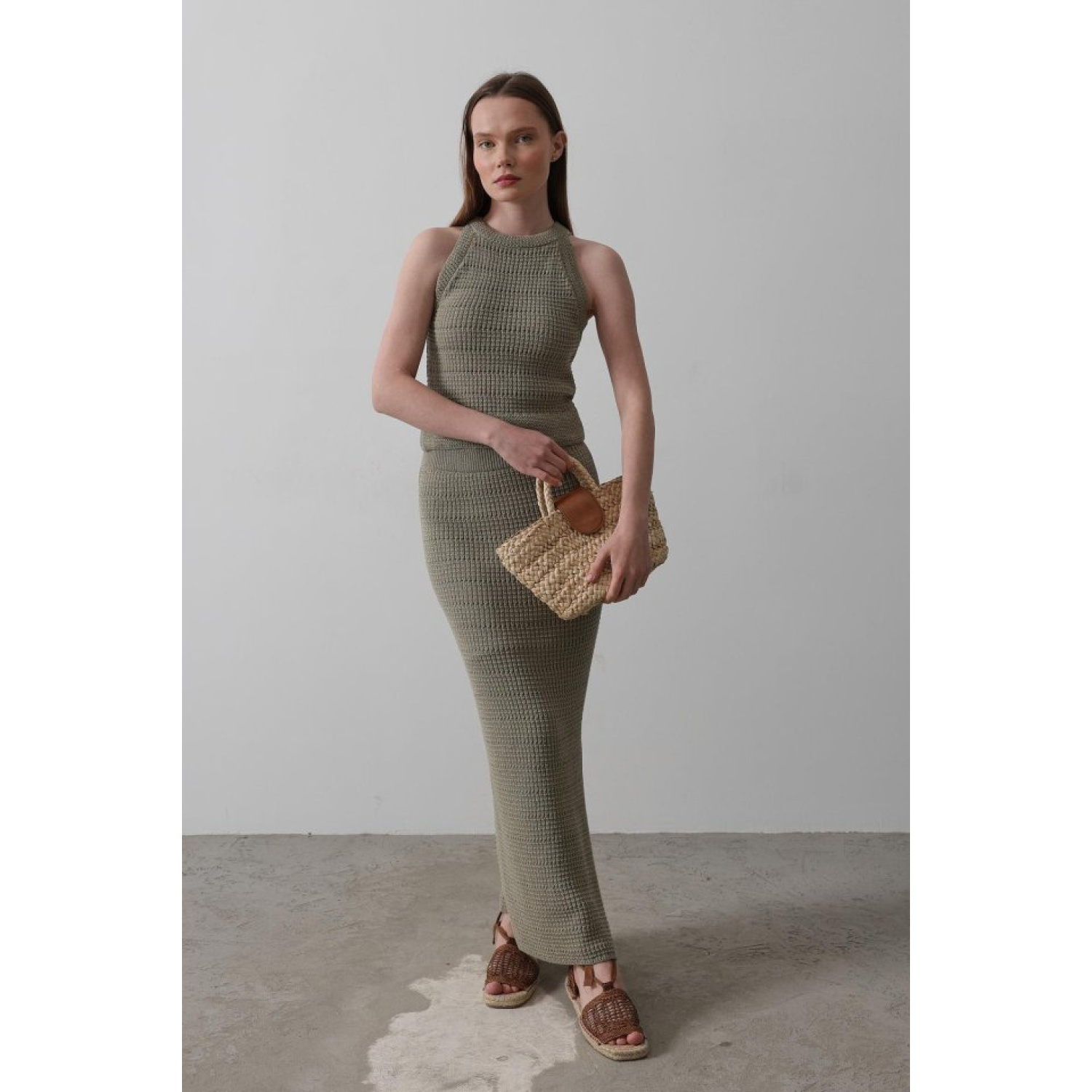 Triko Yırtmaçlı Etek - Yeşil