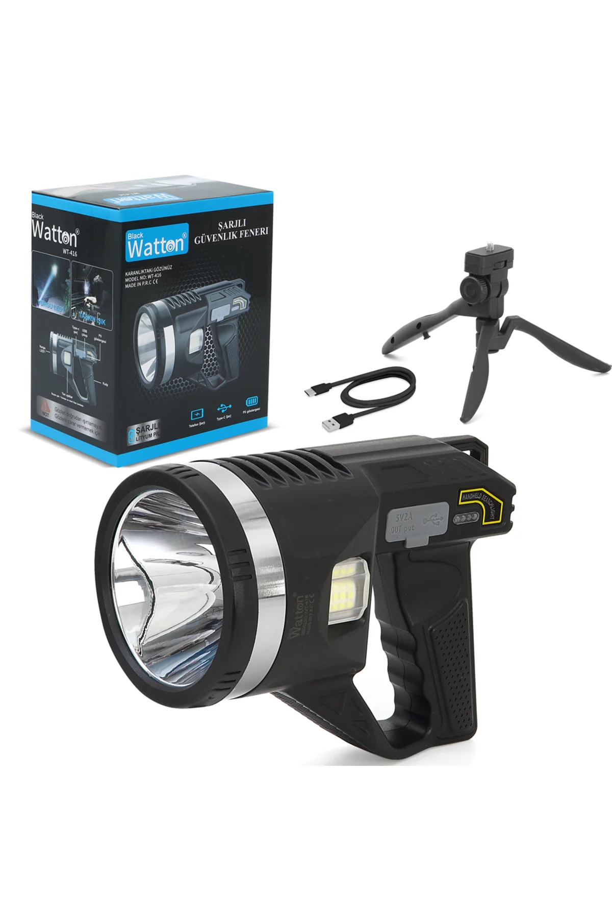 TRİPOD ŞARJLI GÜVENLİK FENERİ WATTON WT-416 Siyah