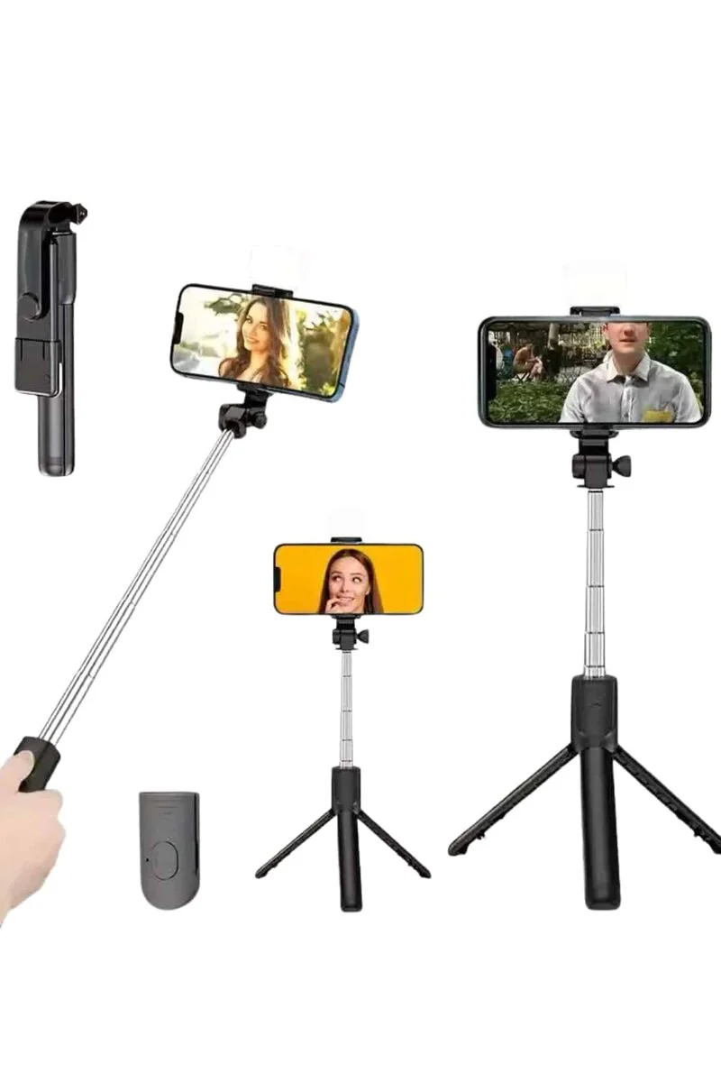 Tripod Selfie Çubuğu Bluetooth Kumandalı Kablosuz LED Işıklı - 186mm / 125g