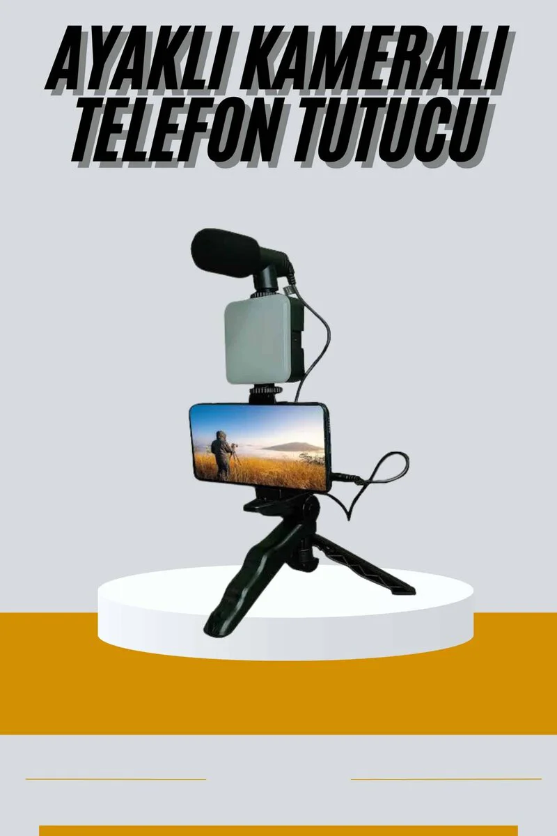 Tripod Telefon Tutucu Kumandalı Mikrofon LED Işık - Vlog ve Video Kayıt Seti