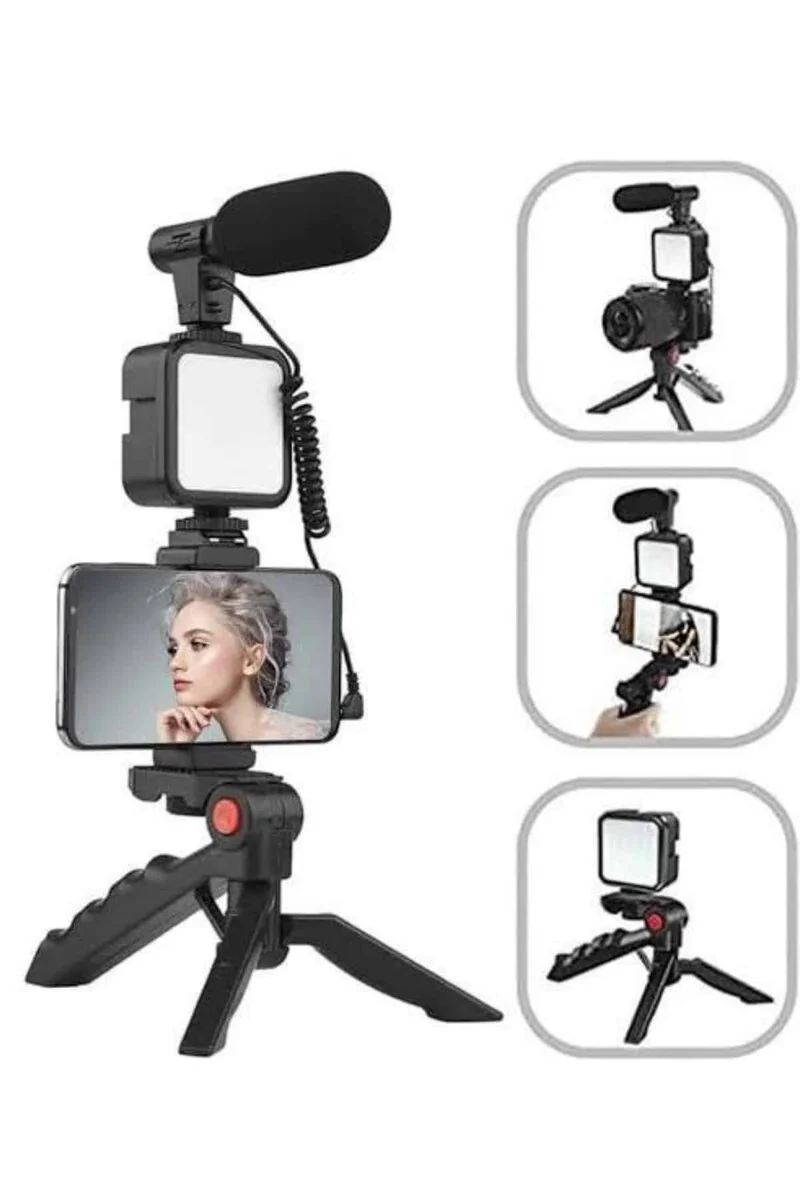 Tripod Telefon Tutucu Kumandalı Mikrofon LED Işık - Vlog ve Video Kayıt Seti