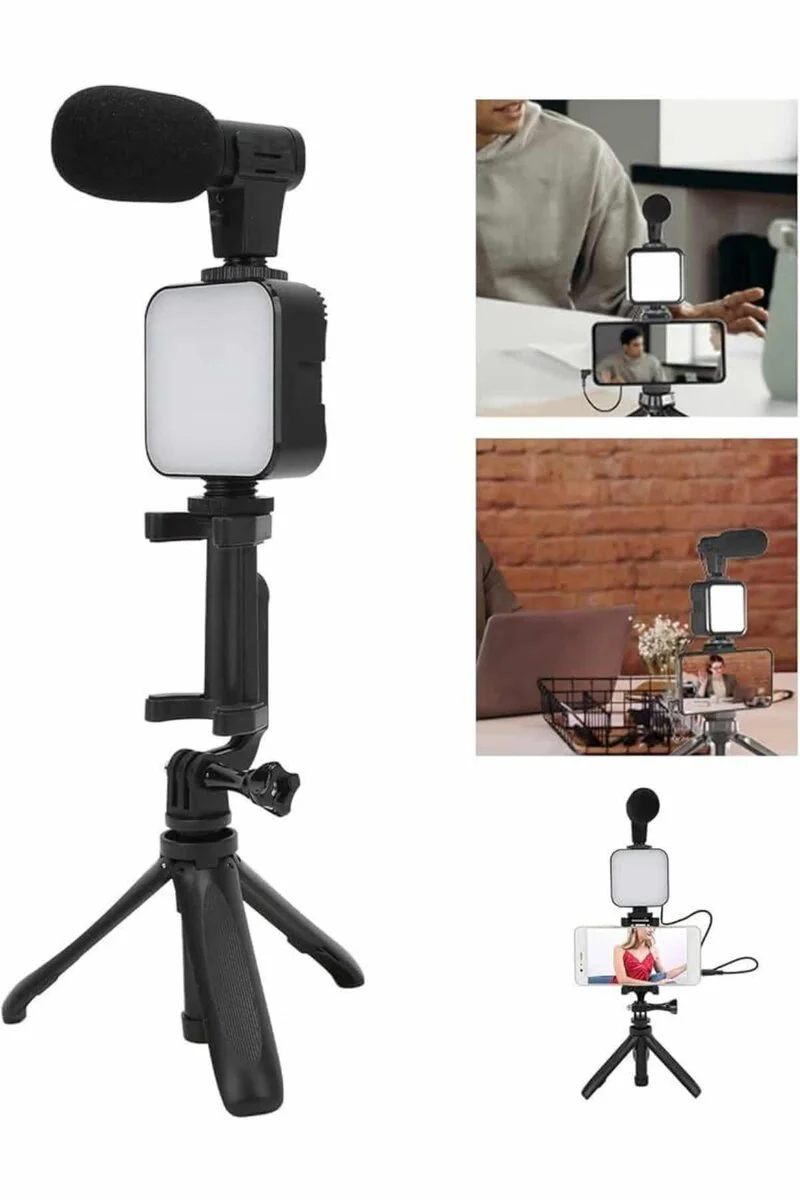 Tripod Telefon Tutucu Kumandalı Mikrofon LED Işık - Vlog ve Video Kayıt Seti