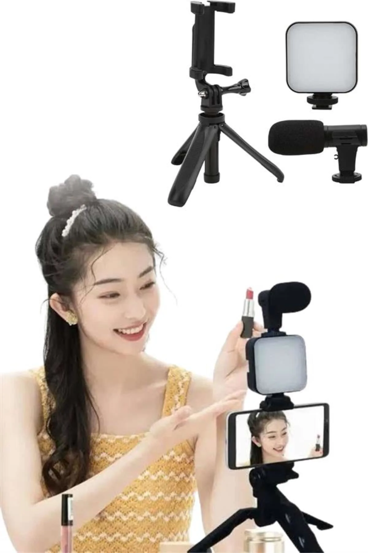 Tripod Telefon Tutucu Kumandalı Mikrofon Led Işık Vlog Video Kayı