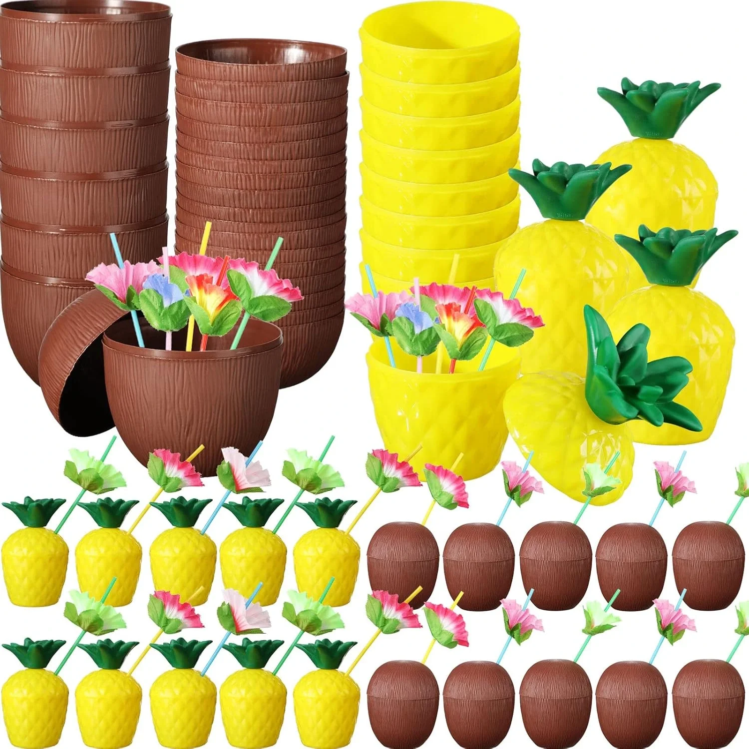 Tropikal Parti Bardak Seti – Ananas ve Hindistan Cevizi Şekilli Pipetli Bardaklar (20 Adet) Fiyatı, Yorumları ve Özellikleri