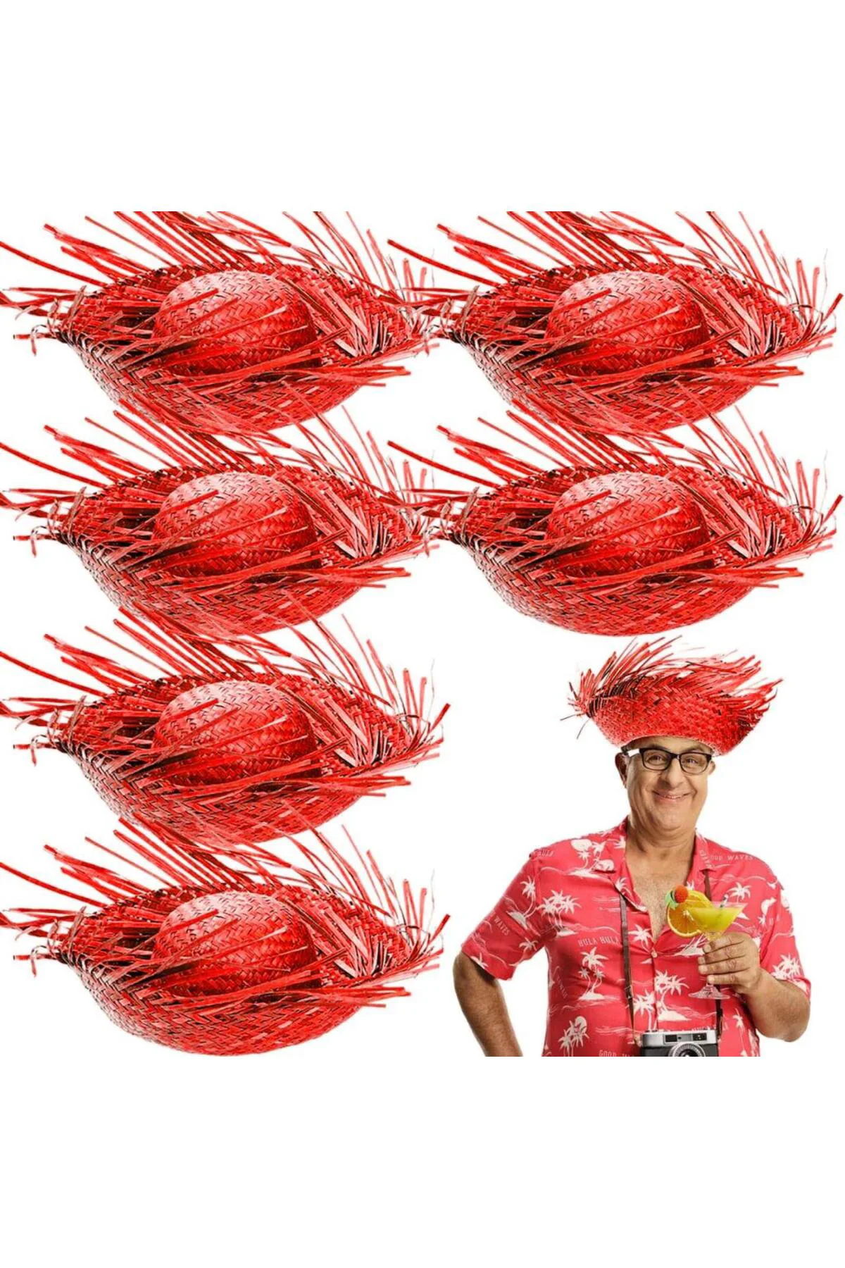Tropikal Parti Kırmızı Hasır Hawaii Şapkası 13x36 cm