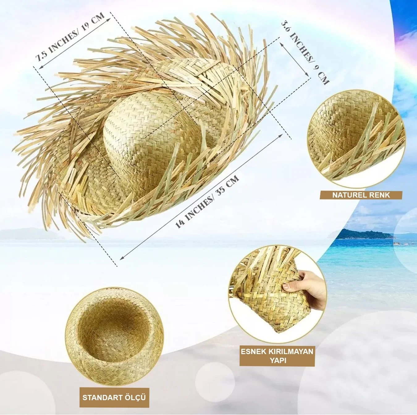 Tropikal Parti Naturel Hasır Hawaii Şapkası 13x36 cm Fiyatı, Yorumları ve Özellikleri
