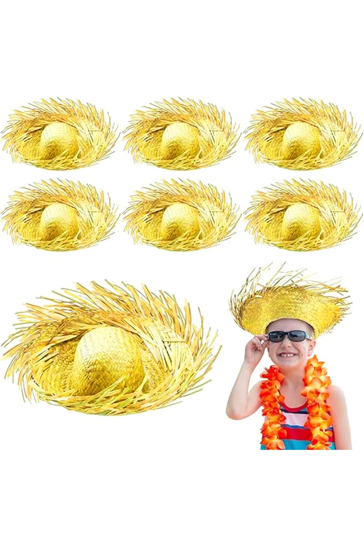 Tropikal Parti Sarı Hasır Hawaii Şapkası 13X36 Cm - Görsel 2
