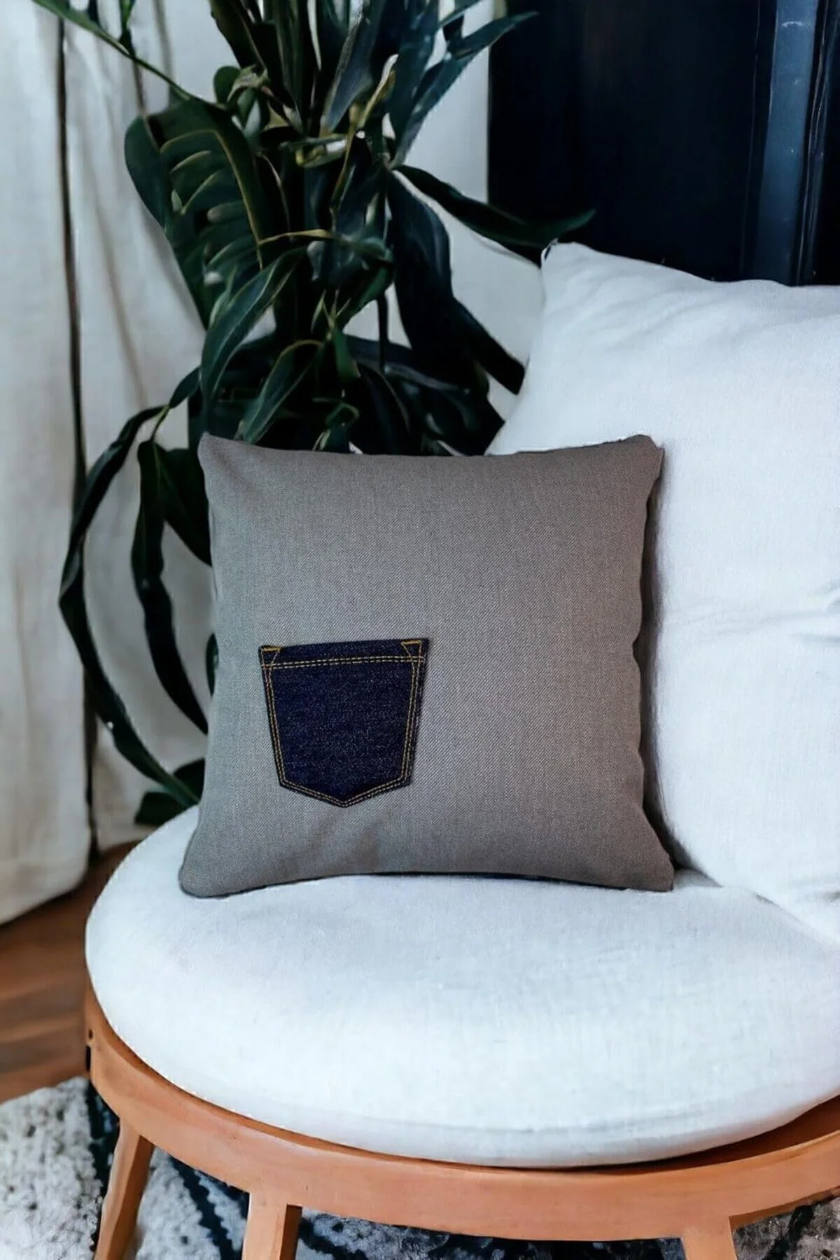 TTKShop Kot Kumaştan Cep Detaylı 43X43 Dekoratif Kırlent Kılıfı G