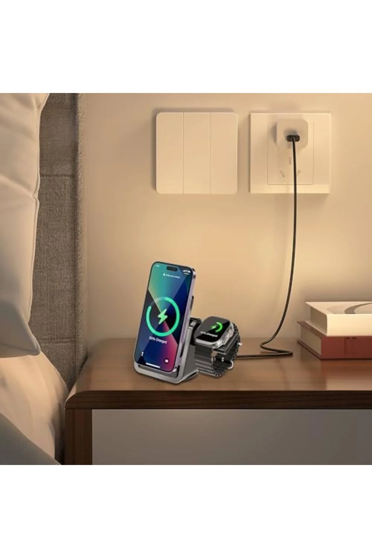 TTKTEKNOLOJİ 3-in-1 Kablosuz Şarj Standı, Telefon Saat, Ayarlanab