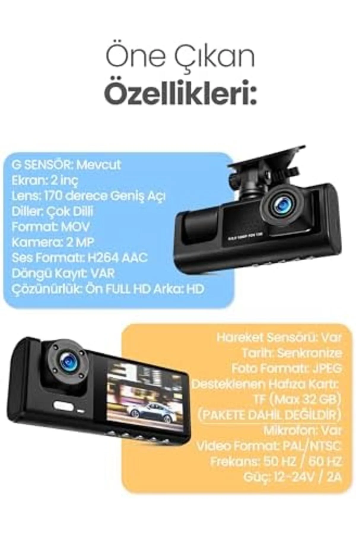 TTKTEKNOLOJİ 3 Kameralı LCD Ekran Araç Kamerası FullHD Geniş Açı 
