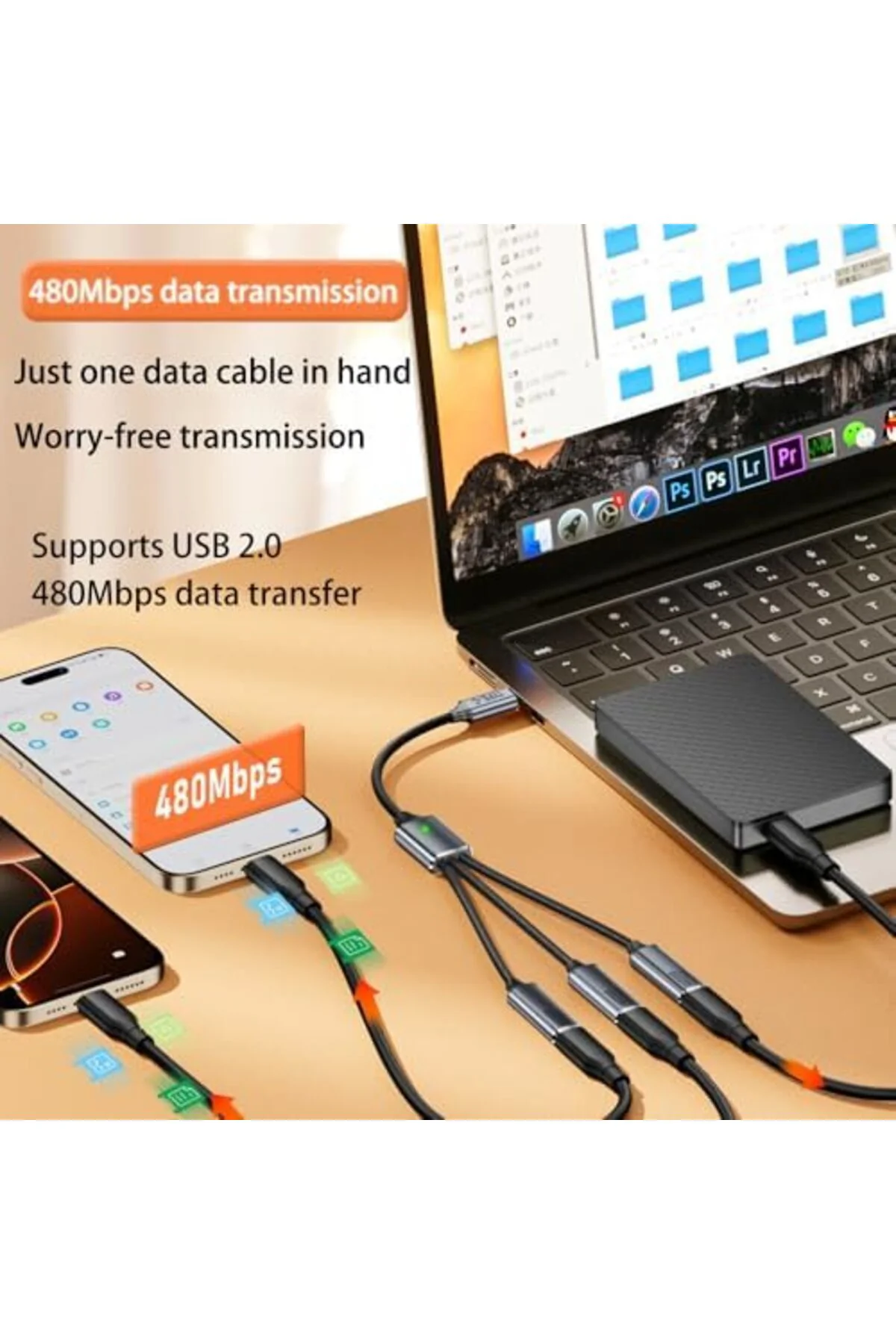 TTKTEKNOLOJİ 3'lü Type-C Çoklayıcı 25 Cm Hızlı Şarj ve 480 Mbps V