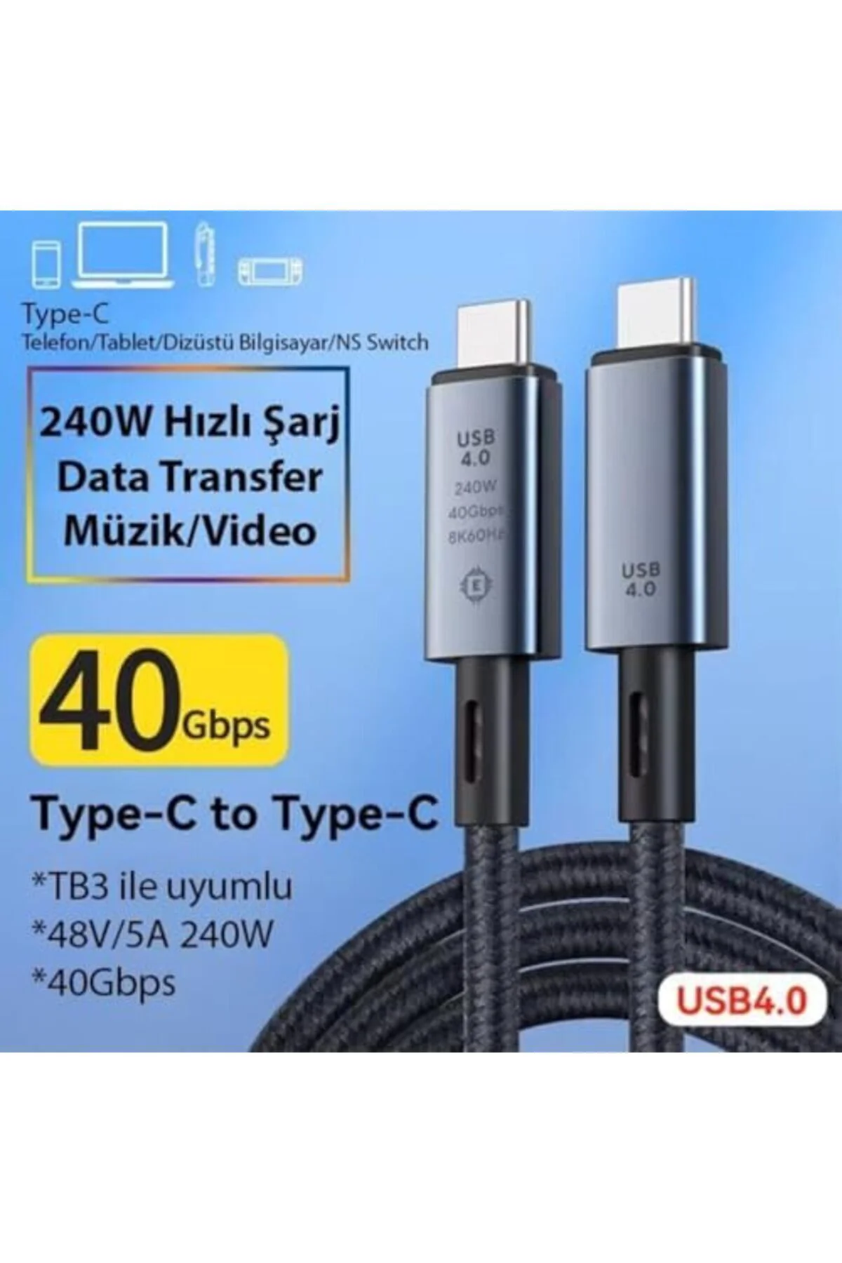 TTKTEKNOLOJİ 40Gbps 240W 4.0 Thunderbolt Type-C to Type-C Şarj, D