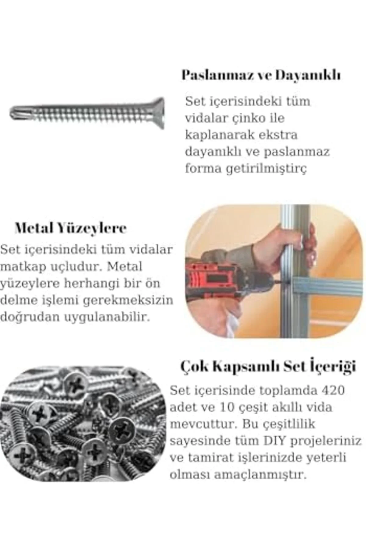 TTKTEKNOLOJİ 420'li Akıllı Havşa Başlı Vida Seti–10 Çeşit Matkap 