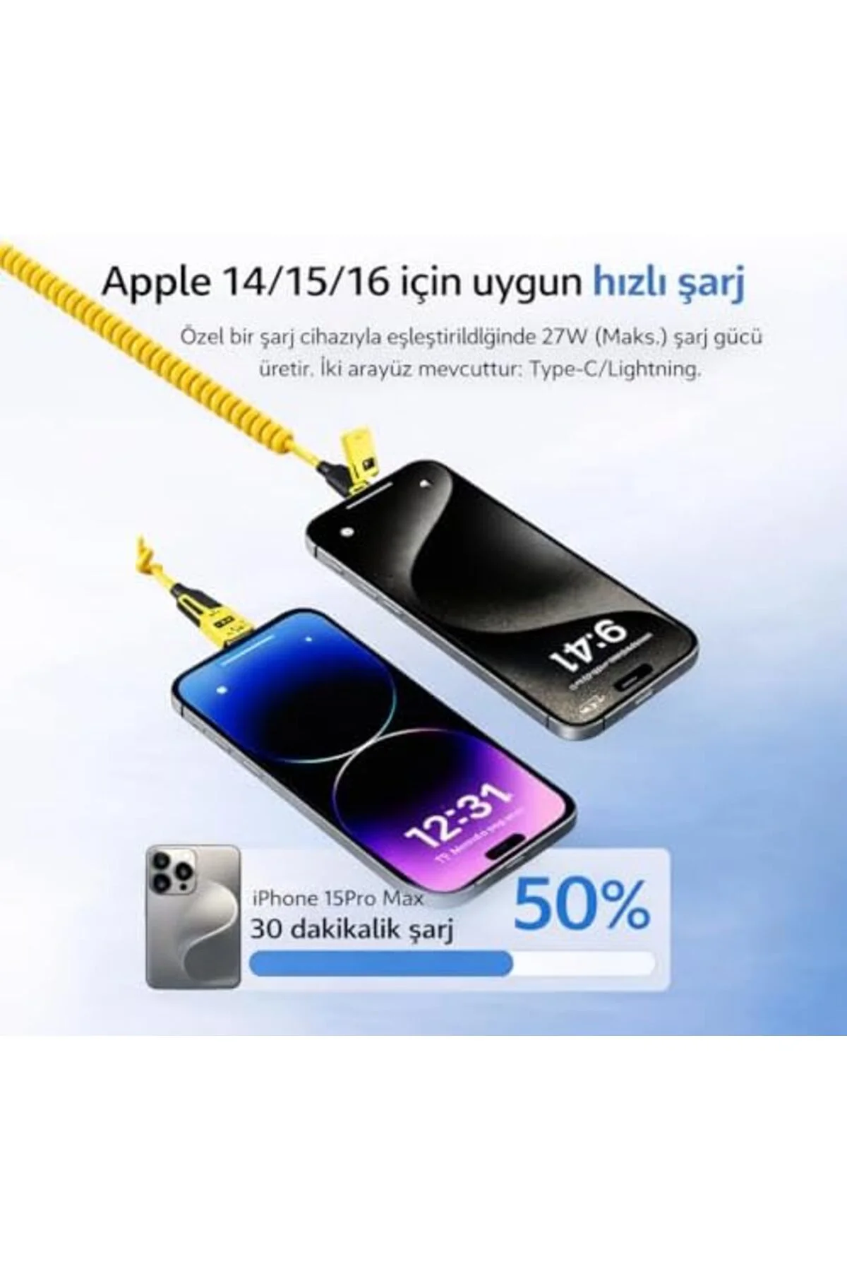 TTKTEKNOLOJİ 4’ü 1 Arada 65W Yaylı Hızlı Şarj Kablosu Type-C & Li