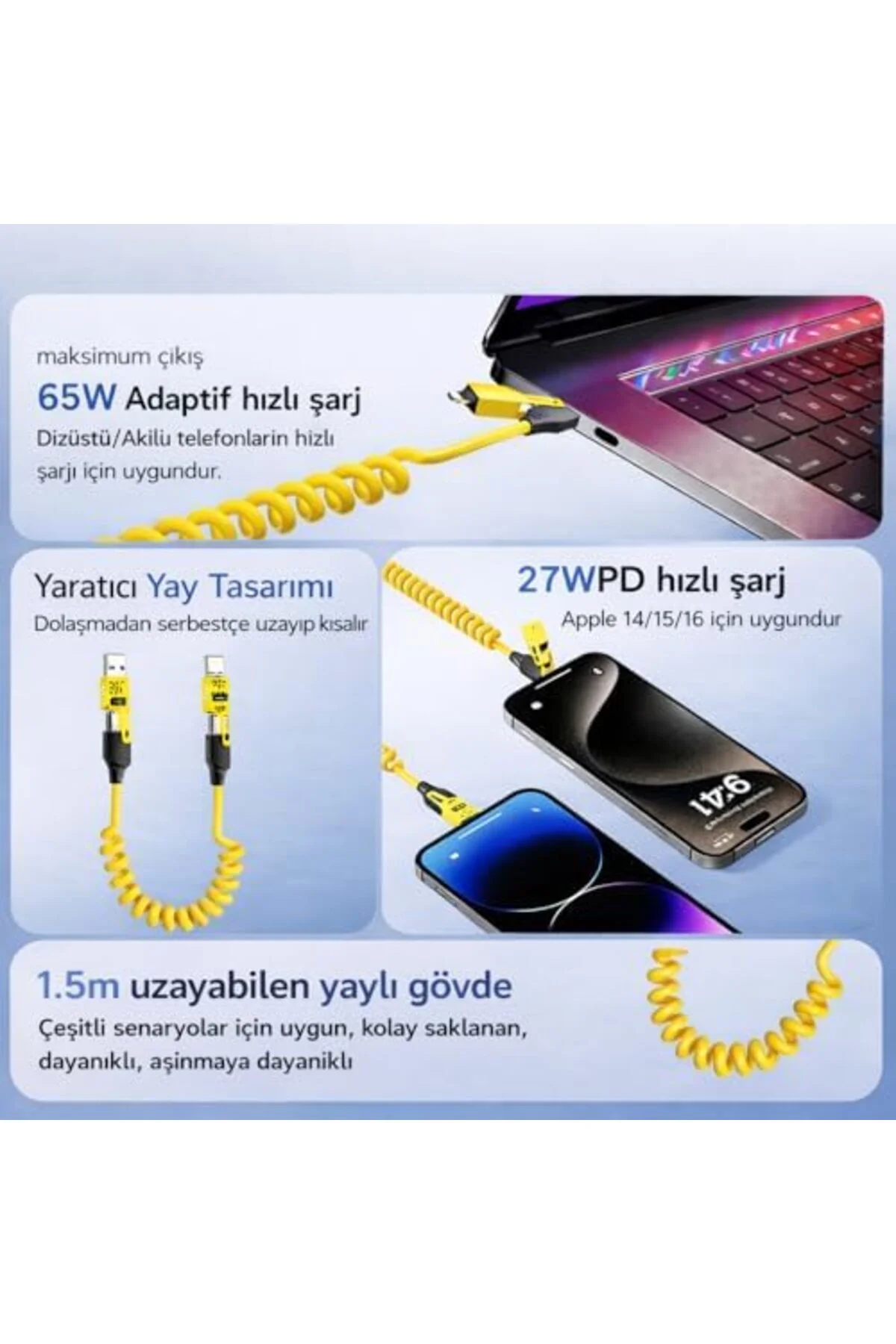 TTKTEKNOLOJİ 4’ü 1 Arada 65W Yaylı Hızlı Şarj Kablosu Type-C & Li