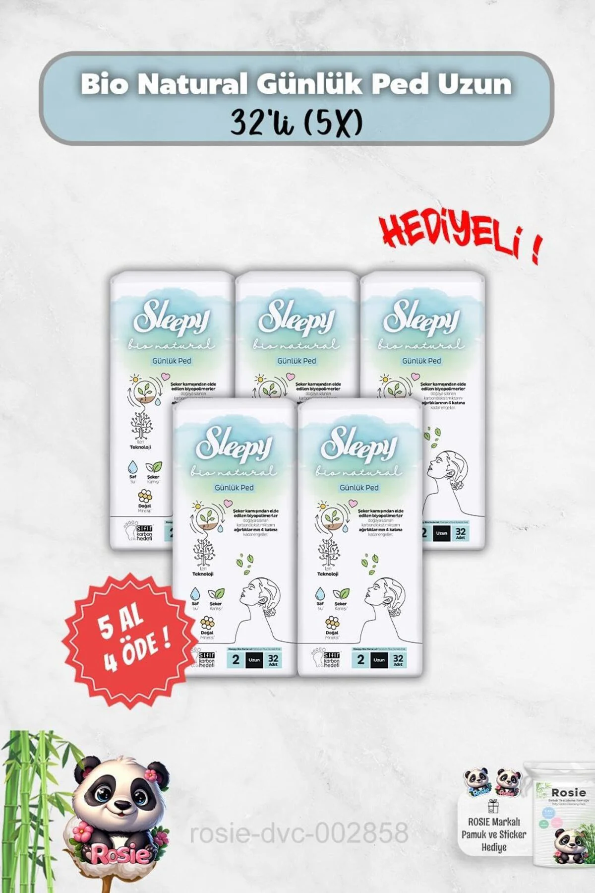 TTKTEKNOLOJİ 5 Al 4 Öde Bio Natural Günlük Ped Uzun 32'li ve Rosi