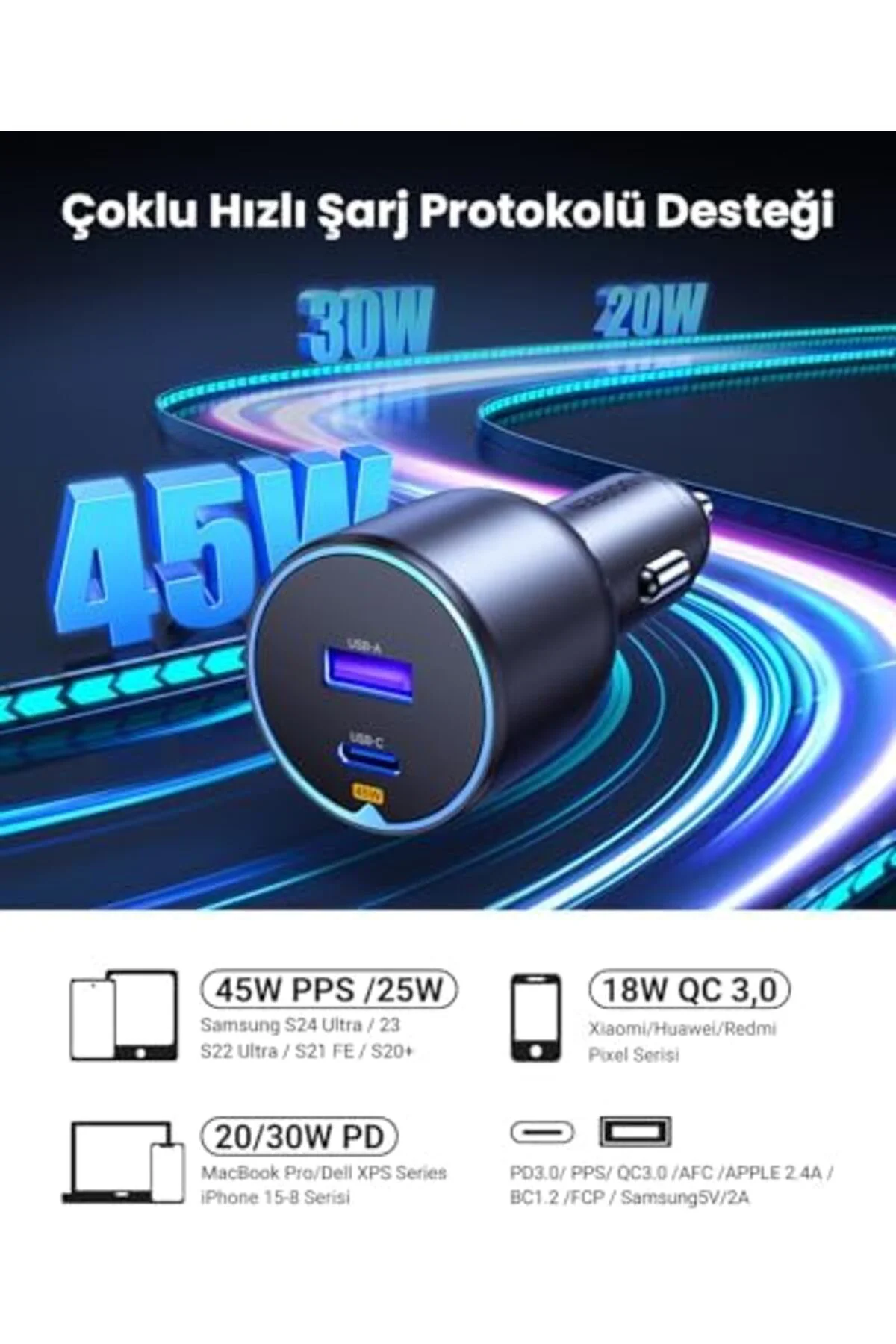 TTKTEKNOLOJİ 63W 2 Portlu Araç İçi Şarj Cihazı Çakmaklık Adaptörü TTKTEKNOLOJİ 63W 2 Portlu Araç İçi Şarj Cihazı Çakmaklık Adaptörü