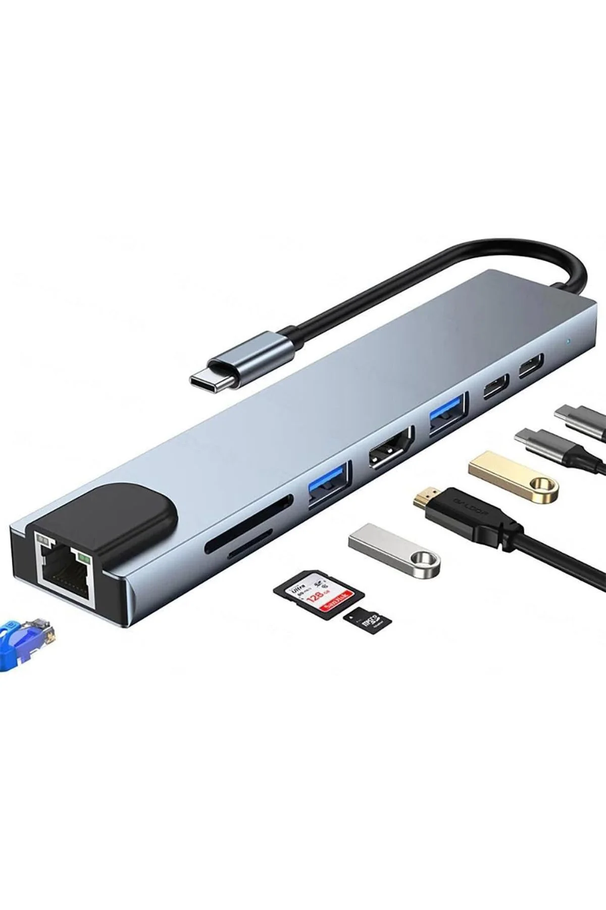 TTKTEKNOLOJİ 8 in 1 Type C to 2 Port USB 3.0 2 SD Kart TF Kart HD