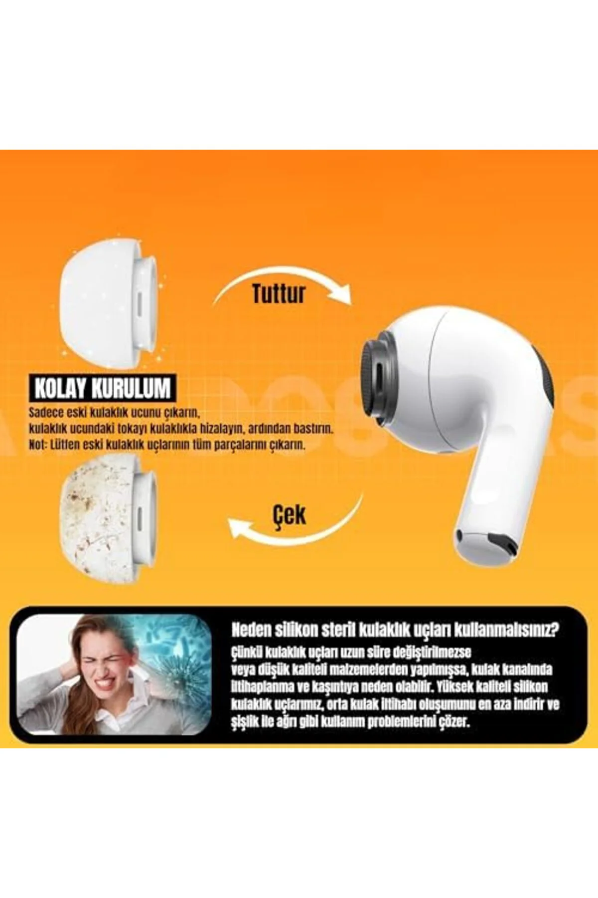 TTKTEKNOLOJİ AirPods Pro ve Pro 2.Nesil Uyumlu Anc Delikli Üç Boy
