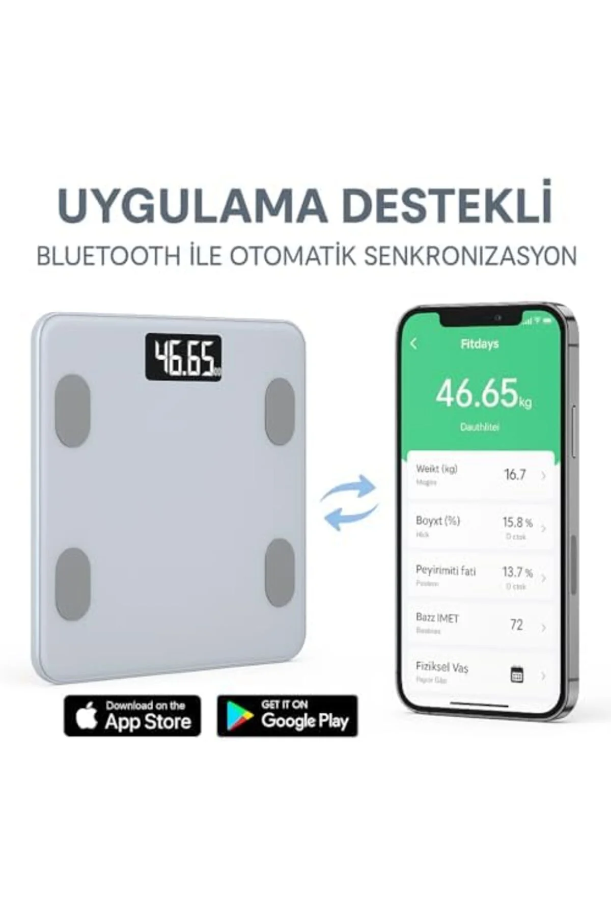 TTKTEKNOLOJİ Akıllı Bluetooth Tartı – Vücut Yağ, Kas, Su, BMI Ölç