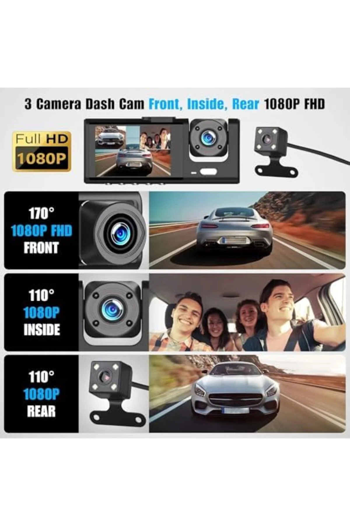 TTKTEKNOLOJİ Full Hd 1080P Üç Kameralı Araç Içi Kamera Araba Güve