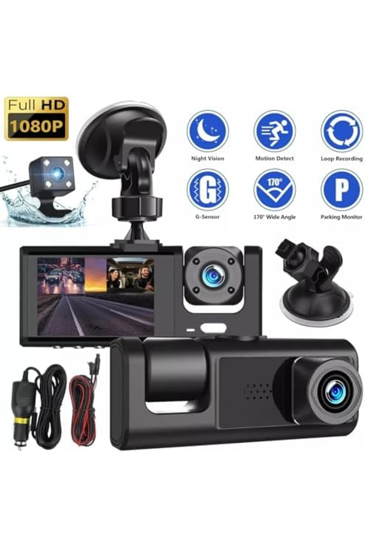 TTKTEKNOLOJİ Full Hd 1080P Üç Kameralı Araç Içi Kamera Araba Güve