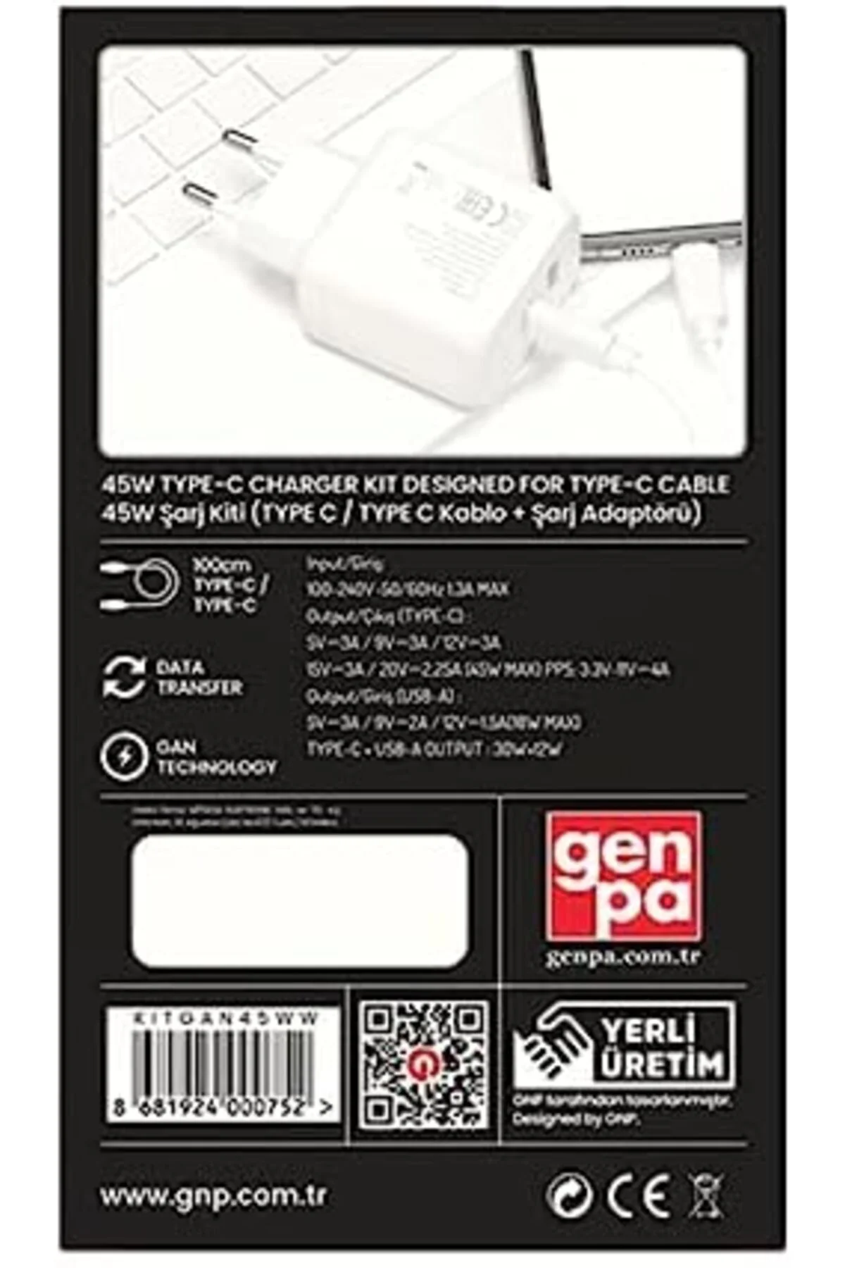 TTKTEKNOLOJİ GNP Genpa 45W Gan Şarj Adaptörü Ve Type-C Kablo Seti