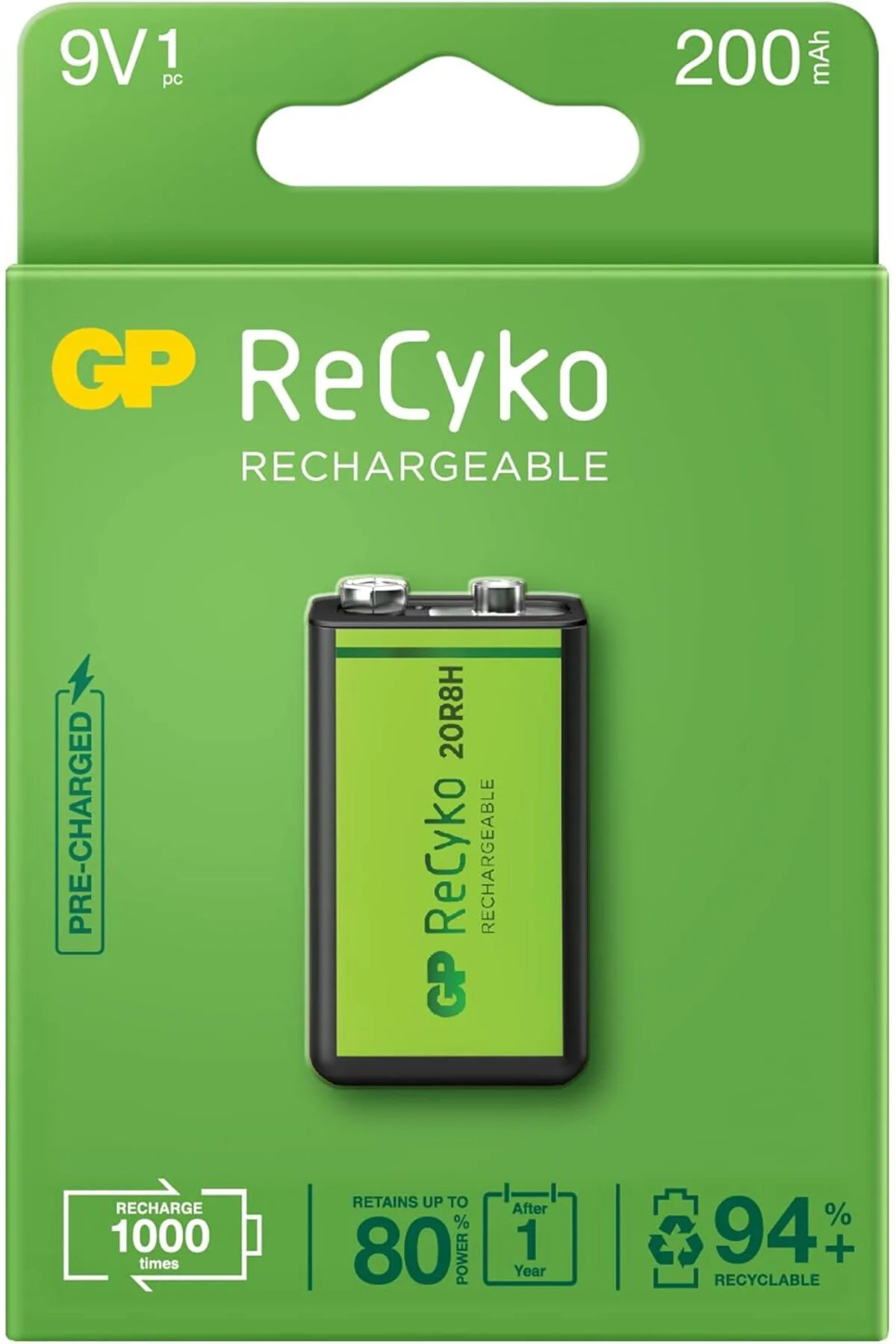 TTKTEKNOLOJİ Gp Batteries Recyko+ 200 9V Boy Ni-Mh Şarjlı Pil, 8.