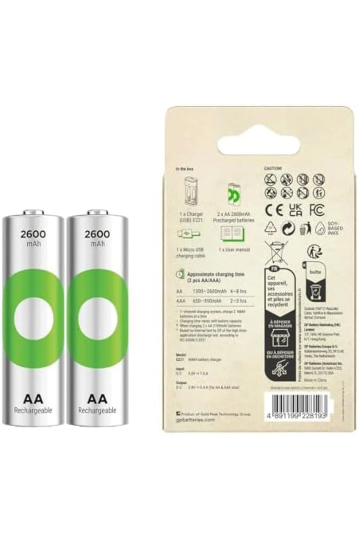 TTKTEKNOLOJİ GP E221 USB Pil Şarj Cihazı 2 Adet 2600mAh AA Kalem 