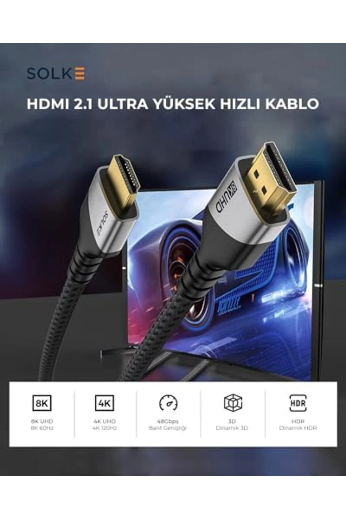 TTKTEKNOLOJİ HDMI 2.1 Kablo UHD 8K 60Hz 4K 120Hz 48Gbps HDR eARC 