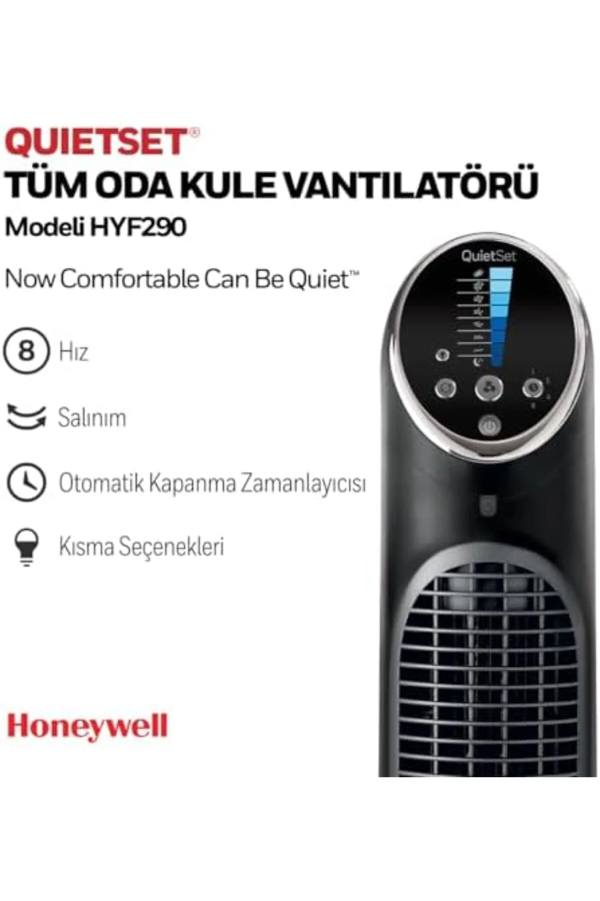 TTKTEKNOLOJİ HONEYWELL QuietSet Tower HYF290, 8 Hız Ayarı, 80 Der