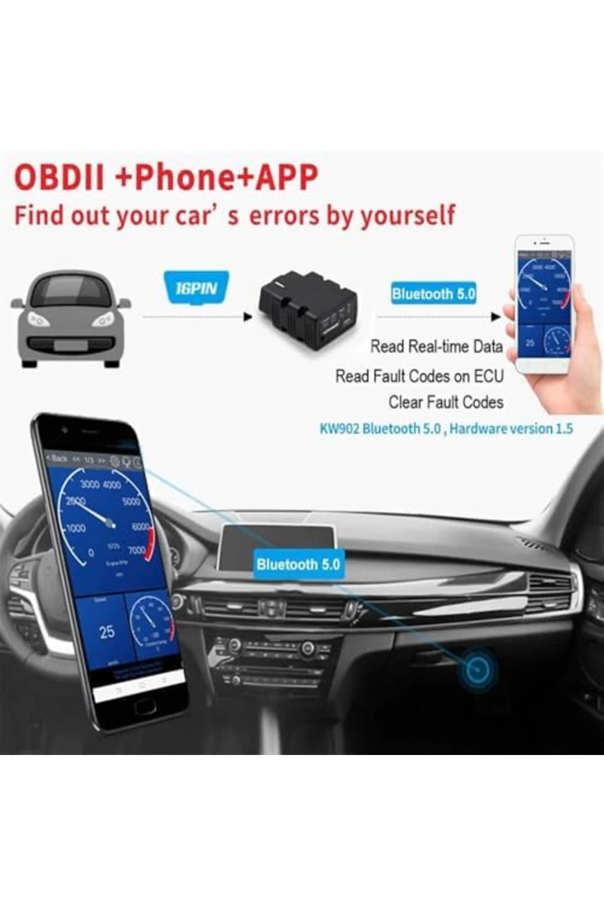 TTKTEKNOLOJİ KW902 V1.5 OBD2 Arıza Tespit Cihazı PIC18f25k80 BT5.