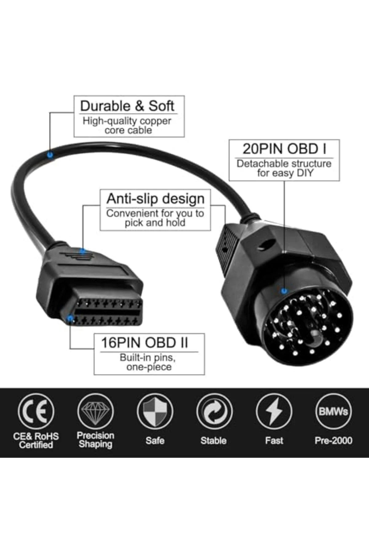 TTKTEKNOLOJİ OBD2 16 Pin Fiş Teşhis Adaptörü BMW 20 Pin ile Uyuml