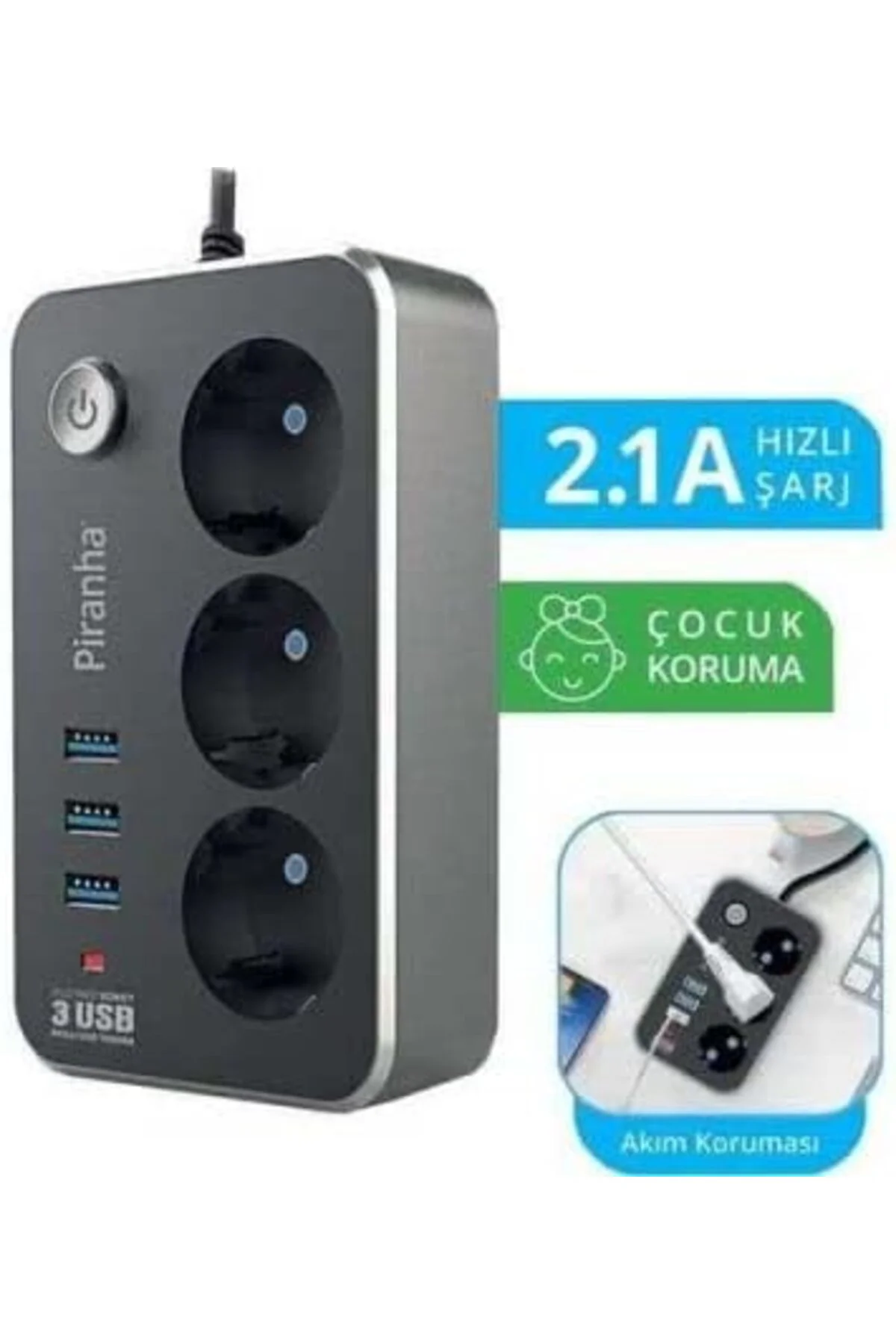 TTKTEKNOLOJİ PIRANHA 3396 3LÜ PRİZ 3 USB GİRİŞLİ 2MT. AKIM KORUMA