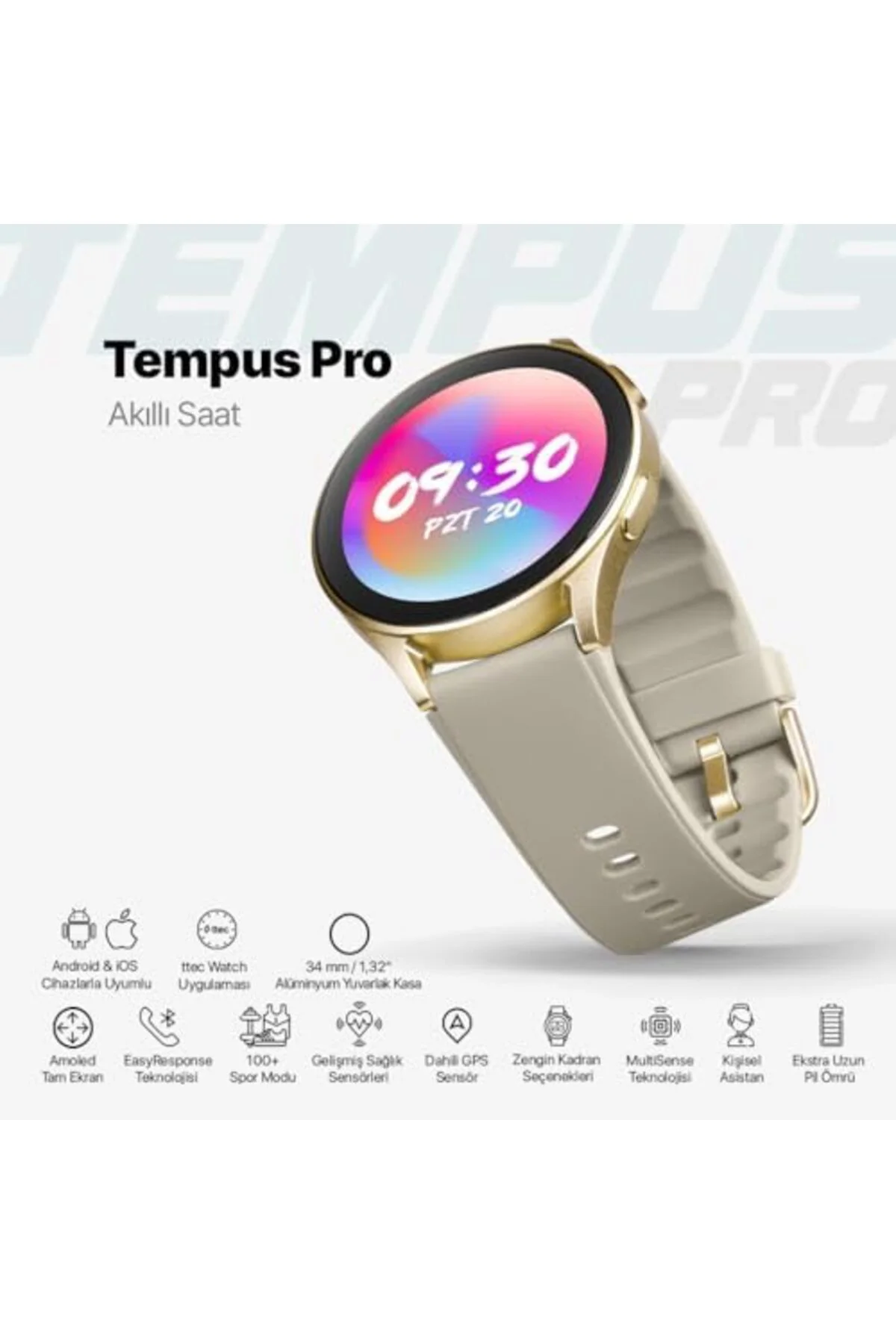 TTKTEKNOLOJİ Pro 34mm AMOLED Ekranlı Yuvarlak Alüminyum Kasa Akıl