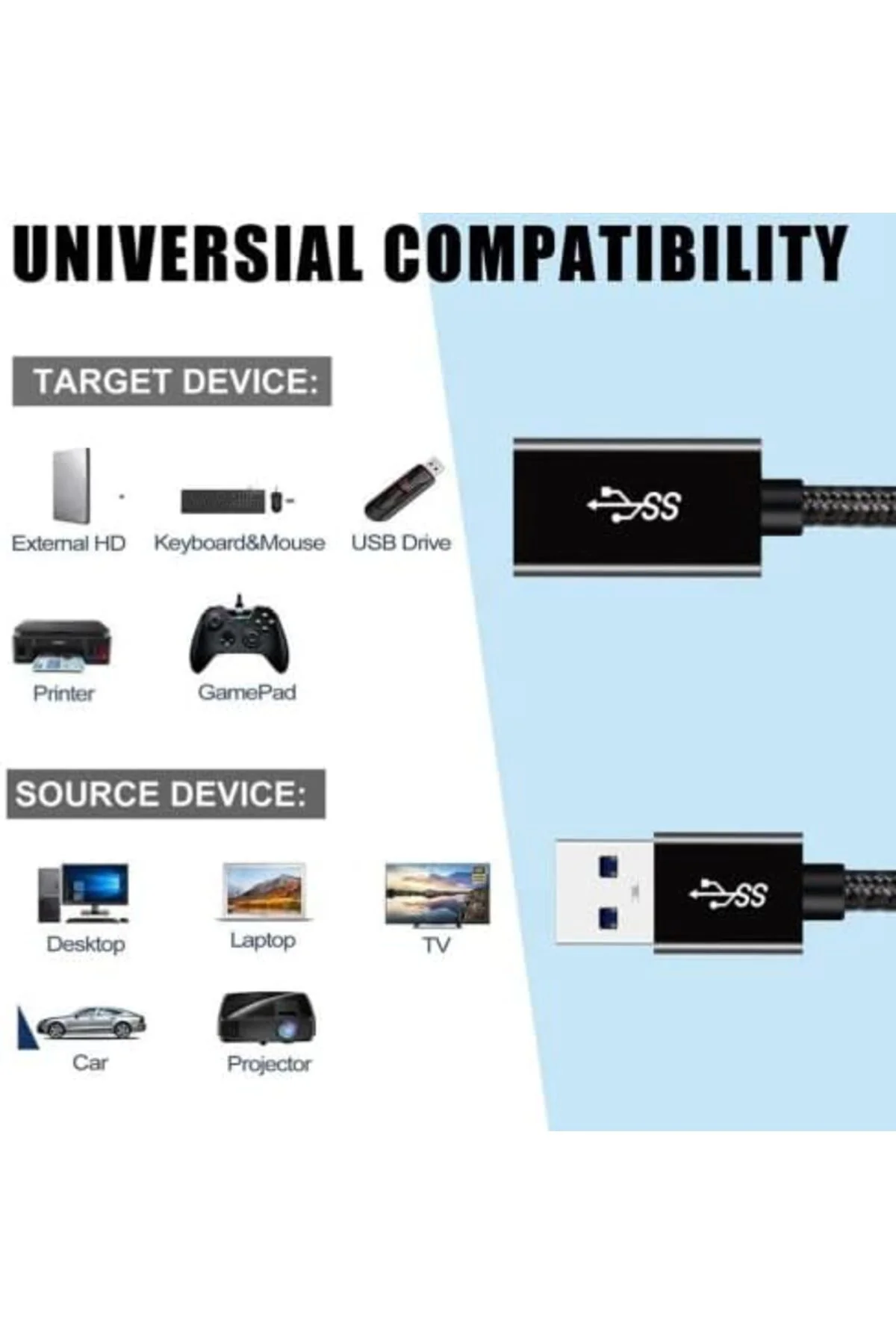 TTKTEKNOLOJİ Rope 5Gbps Hızlı Veri Aktarımı USB 3.0 Erkek Dişi Uz