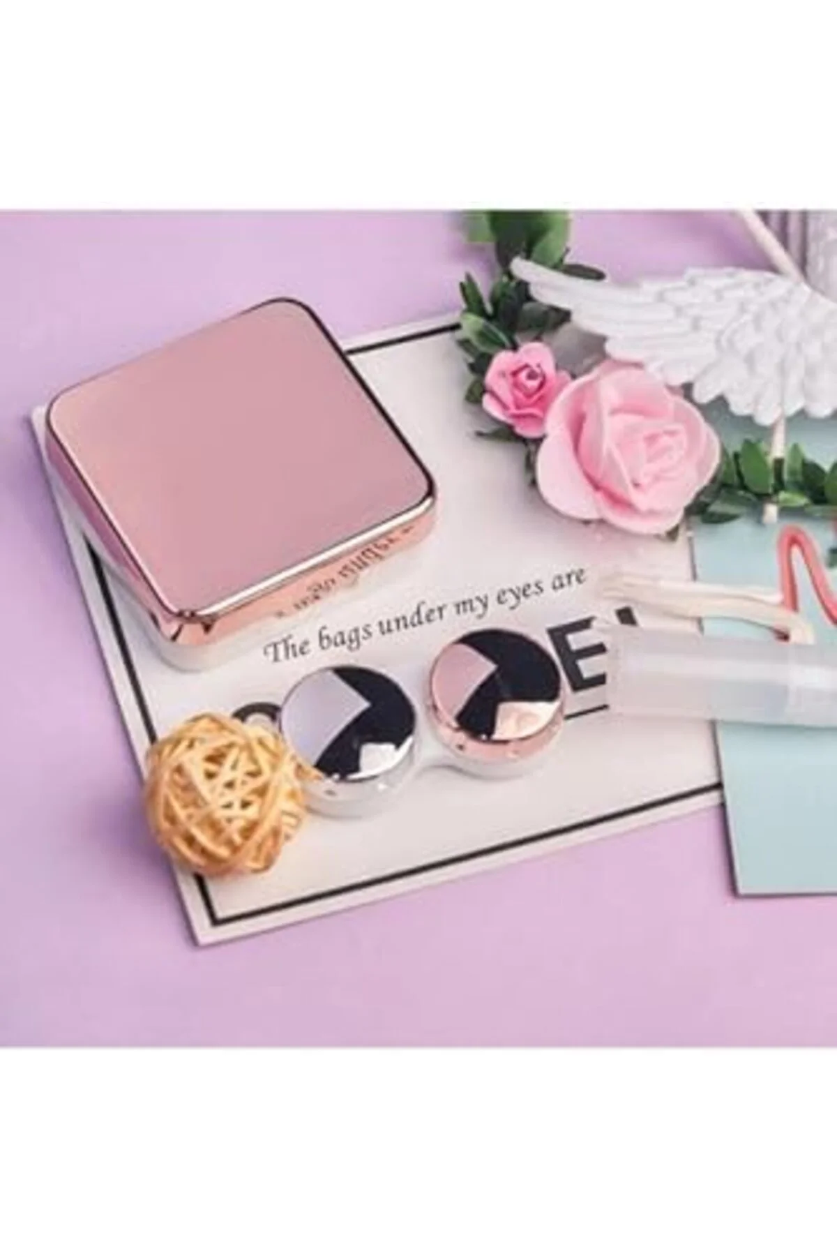 TTKTEKNOLOJİ Rose Aynalı Seyahat Lens Kutusu - Solüsyon Kabı, Cım