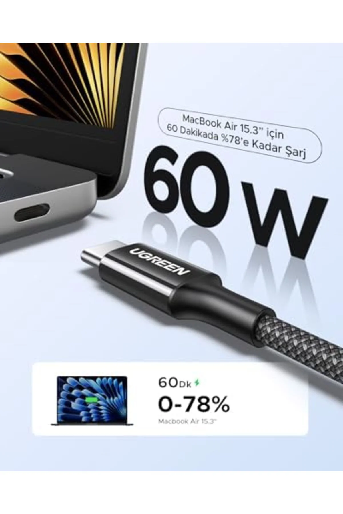 TTKTEKNOLOJİ USB-C 60W 3A QC PD Örgülü Hızlı Şarj Kablosu, 1 Metr