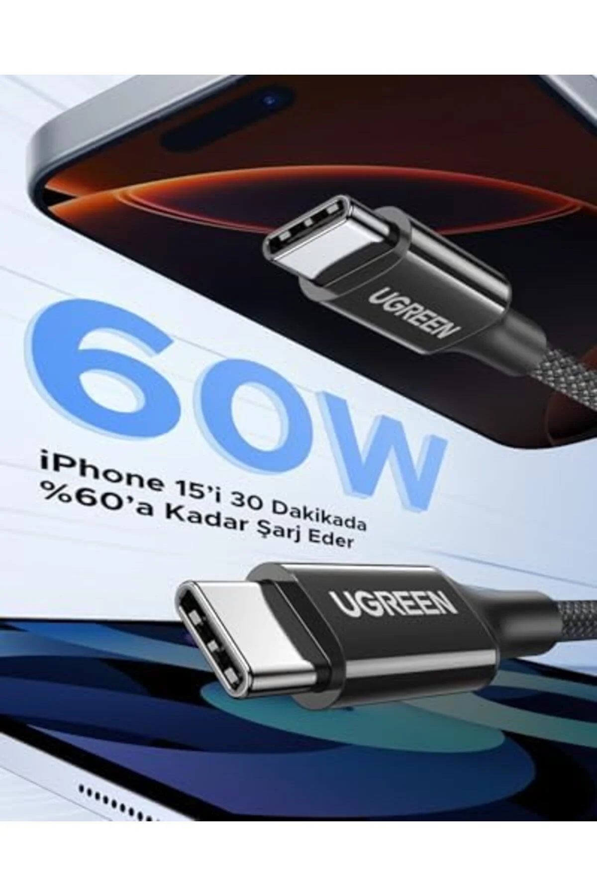 TTKTEKNOLOJİ USB-C 60W 3A QC PD Örgülü Hızlı Şarj Kablosu, 2 Metr
