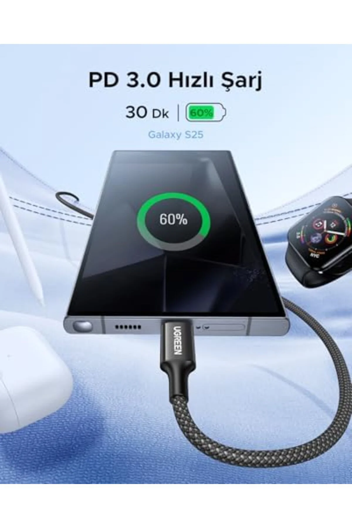 TTKTEKNOLOJİ USB-C 60W 3A QC PD Örgülü Hızlı Şarj Kablosu, 2 Metr
