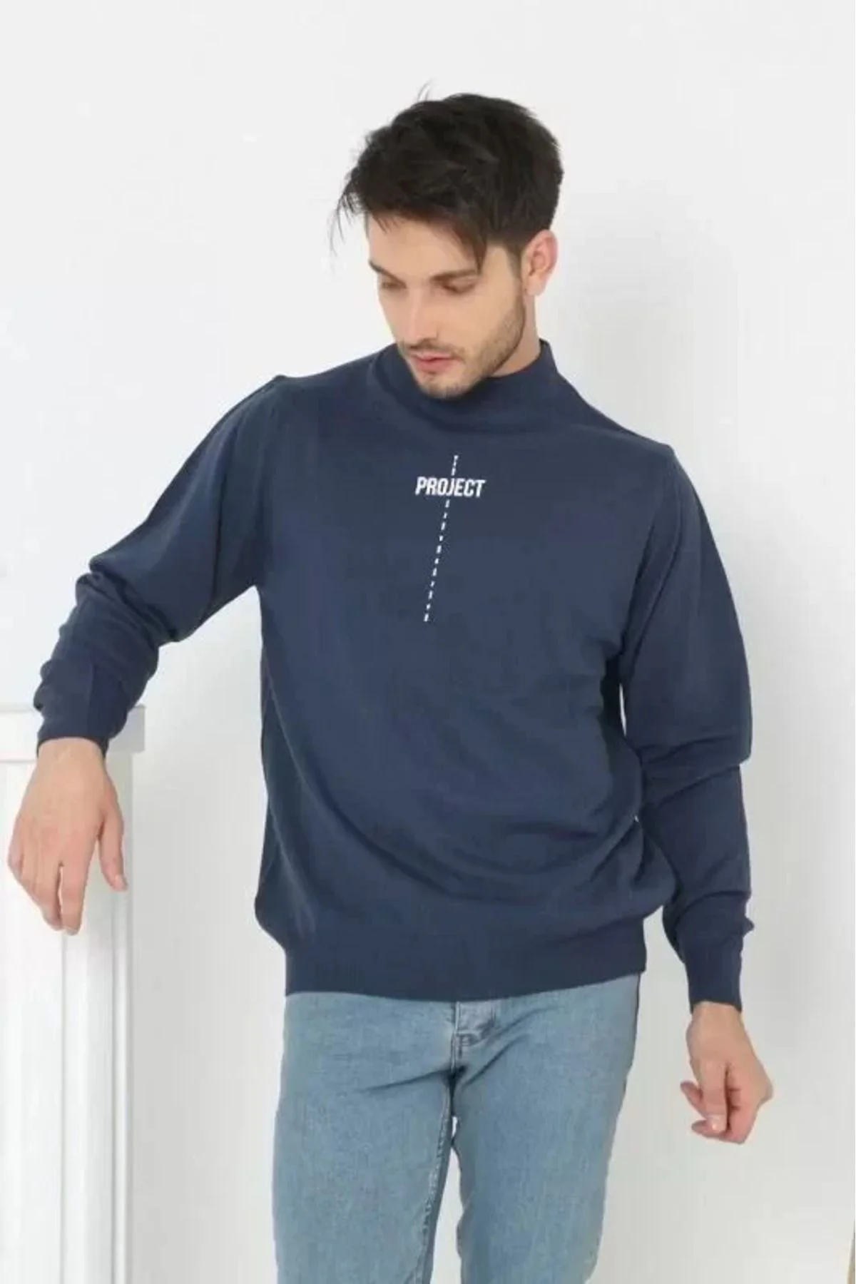 TUA MODA Baskılı Tam Boğazlı Uzun Kol Dokuma Triko - Indigo