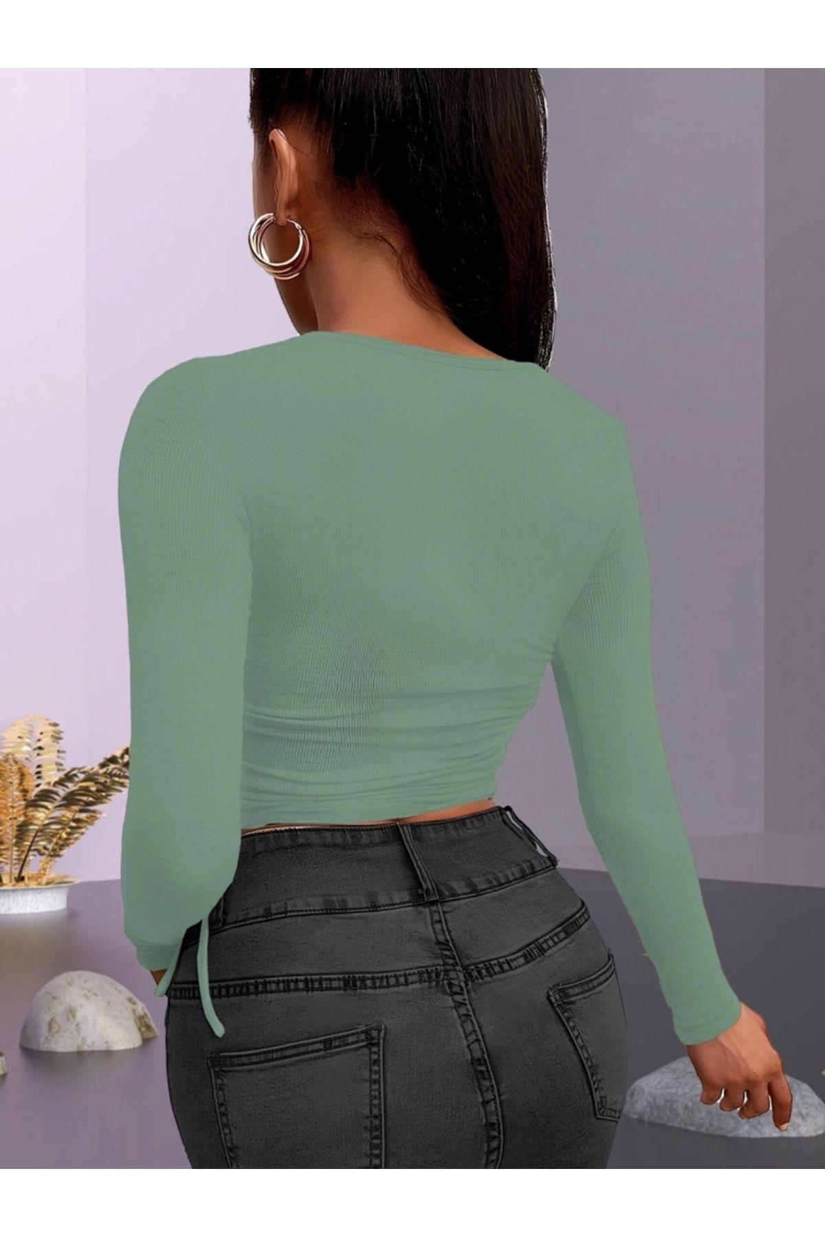TUA MODA Kadın Uzun Kollu Yanlar Büzgü Detay Kaşkorse Crop