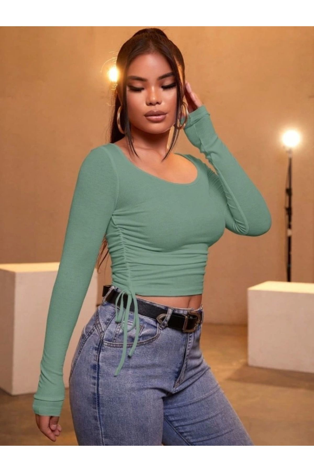 TUA MODA Kadın Uzun Kollu Yanlar Büzgü Detay Kaşkorse Crop