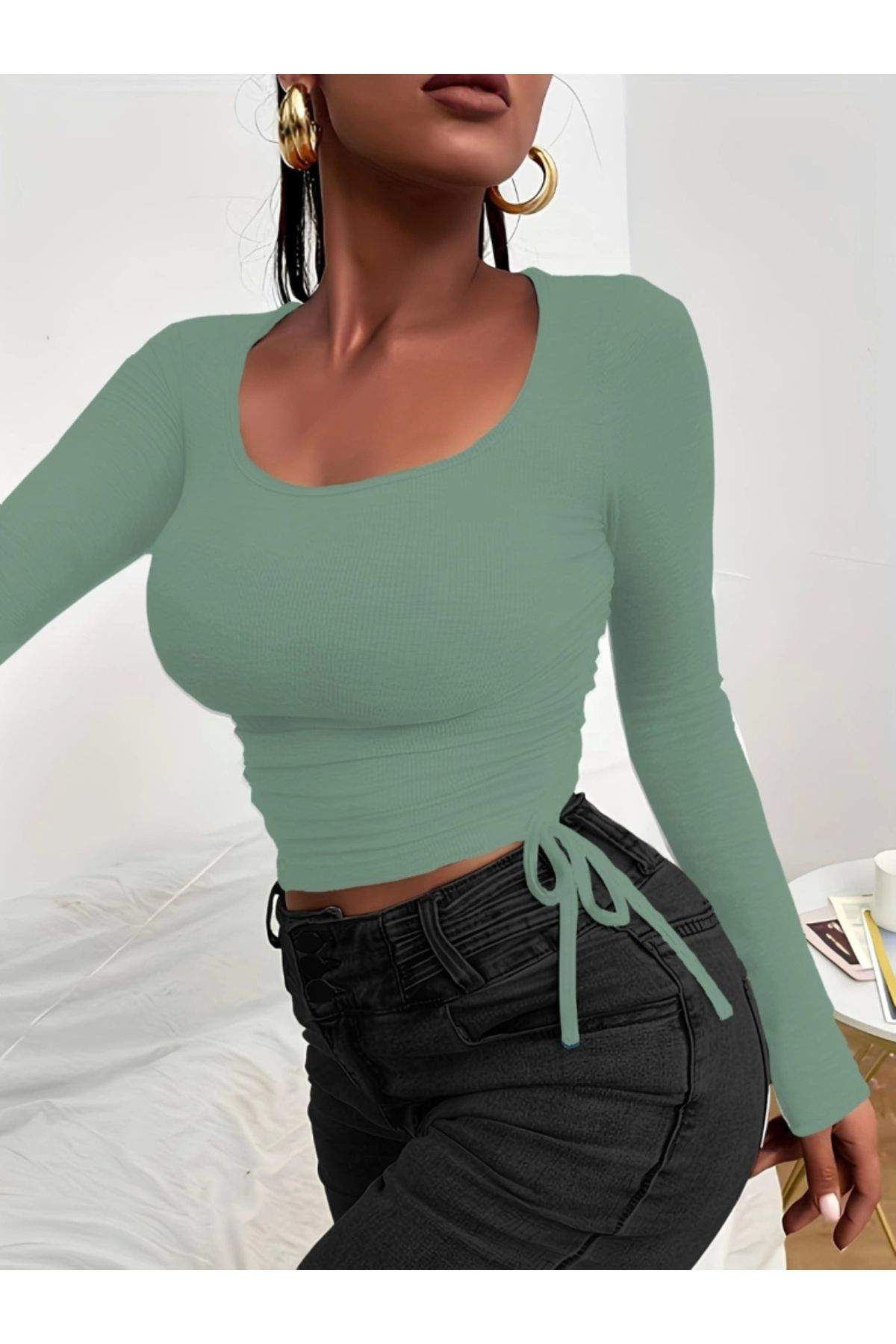 TUA MODA Kadın Uzun Kollu Yanlar Büzgü Detay Kaşkorse Crop