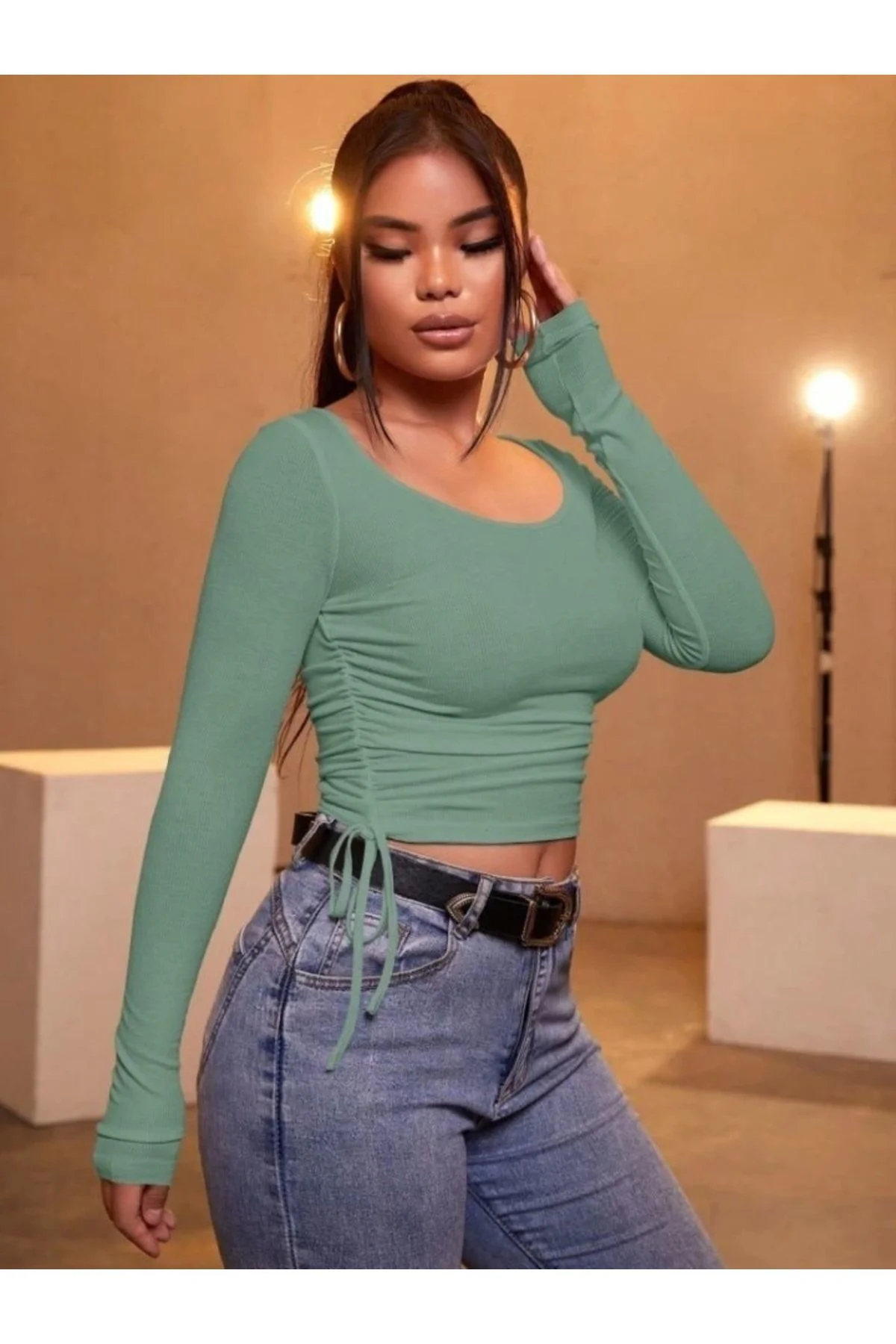 TUA MODA Kadın Uzun Kollu Yanlar Büzgü Detay Kaşkorse Crop