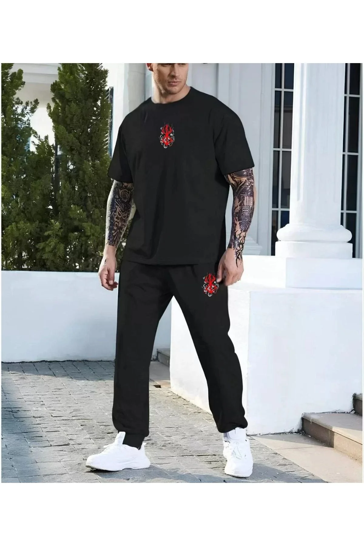 TUA MODA Unisex Baskılı Cepli Eşofman Takımı - Siyah