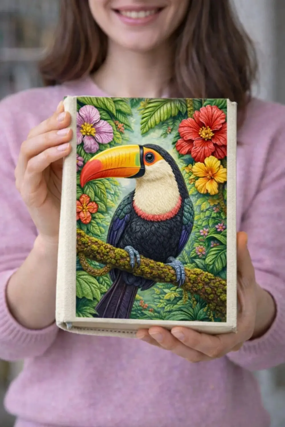 Tukan Kuşu Desenli Bez Kitap Kılıfı – Sanatsal Baskılı Kumaş Kita